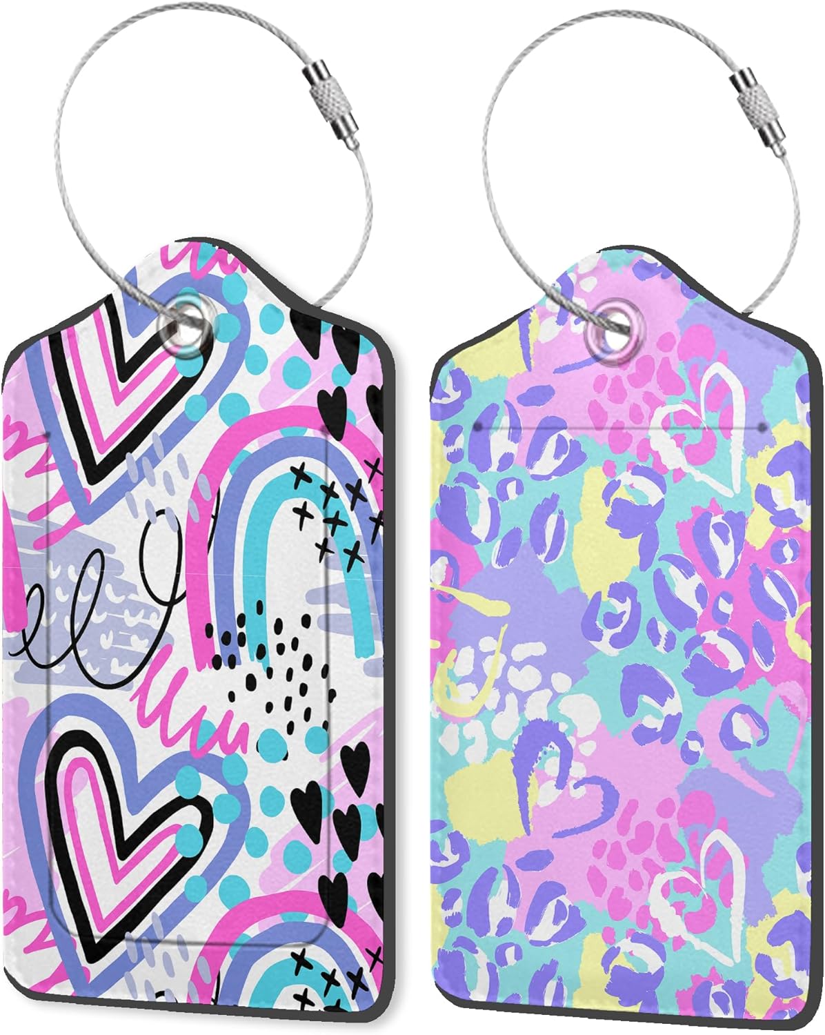 Set of 2 Luggage Tags for Suitcases, Leather Abstract Leopard Print with Hearts Baggage Tags and Stainless Steel Loop, Privacy Name ID Card Cover Travel Labels for Women Men Kids Girls