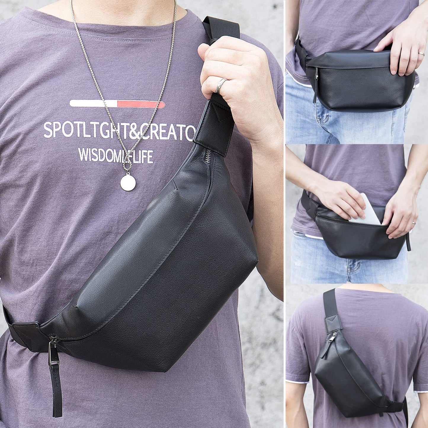 Hebetag Leather Waist Pack Fanny Bag for Men Women Outdoor Travel Sports Hiking Walking Running Hip Bum Belt Cell Phone Purse Wallet Camping Casual Day Pouch (Black)