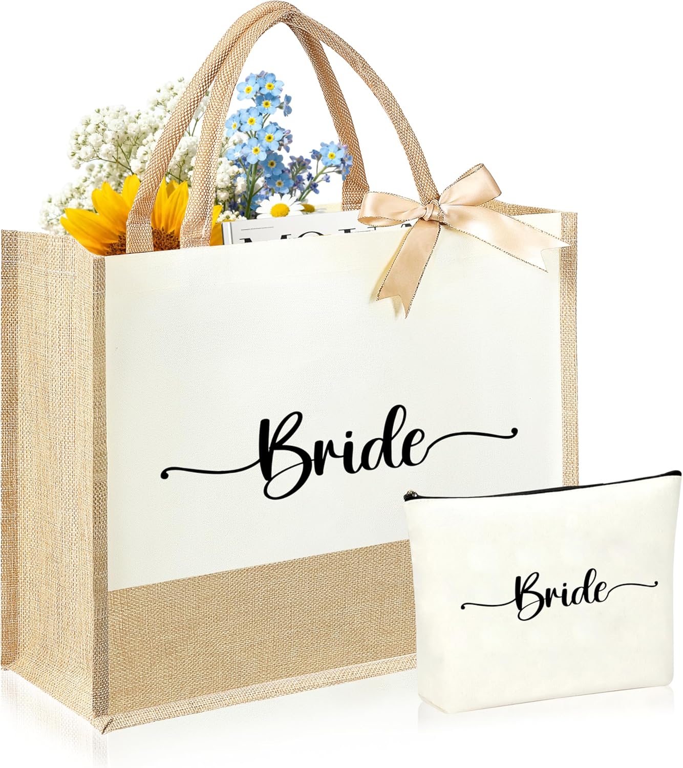 Initial Canvas Tote Bag & Makeup Bag for Women Teacher Bridesmaids，Personalized Present for Wedding, Birthday, Beach