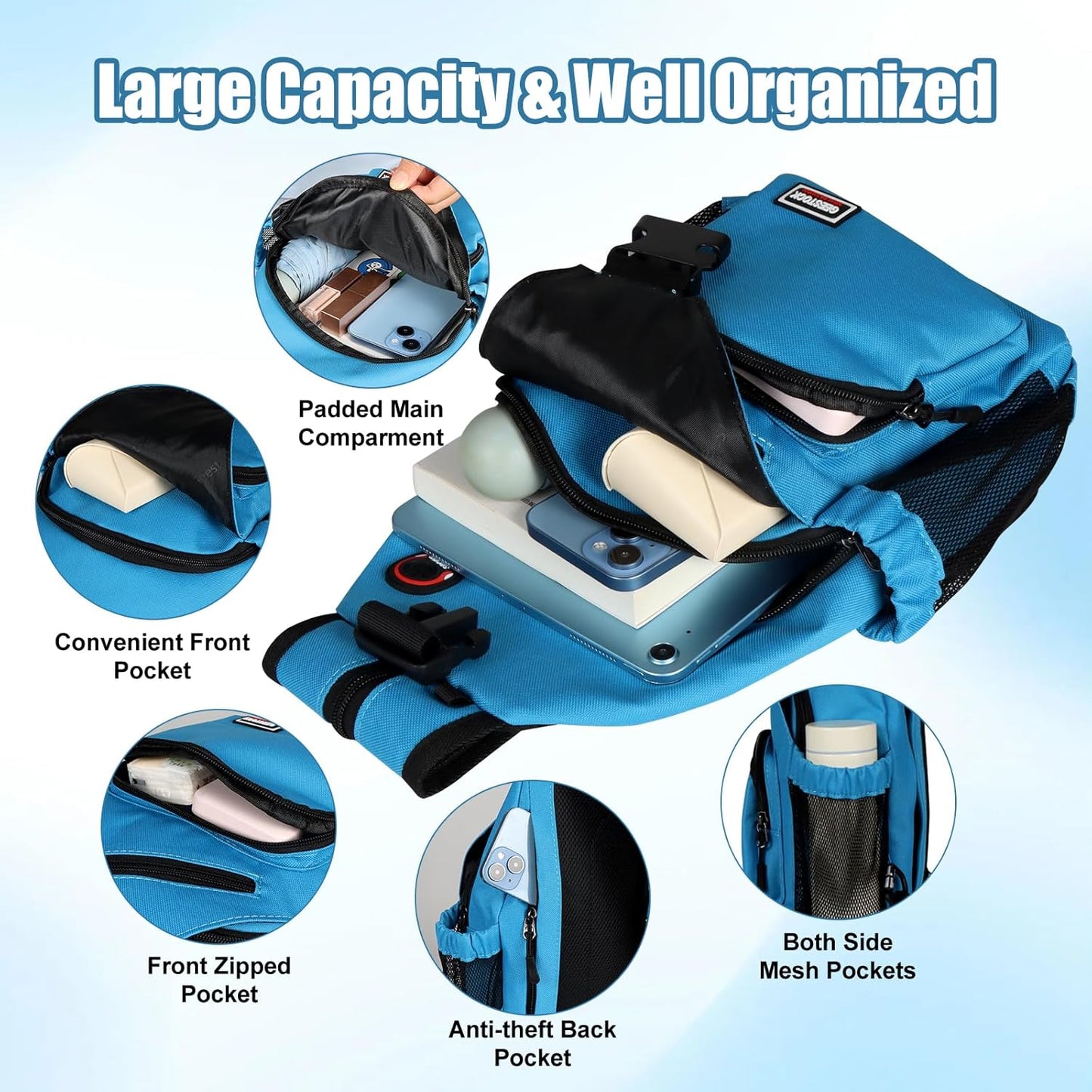 Sling Bag for Women Man, Convertible Sling Backpack with Convertible Shoulder Strap Casual Backpack Daypack for Travel, Hiking and Daily Commute, (Blue, Large)