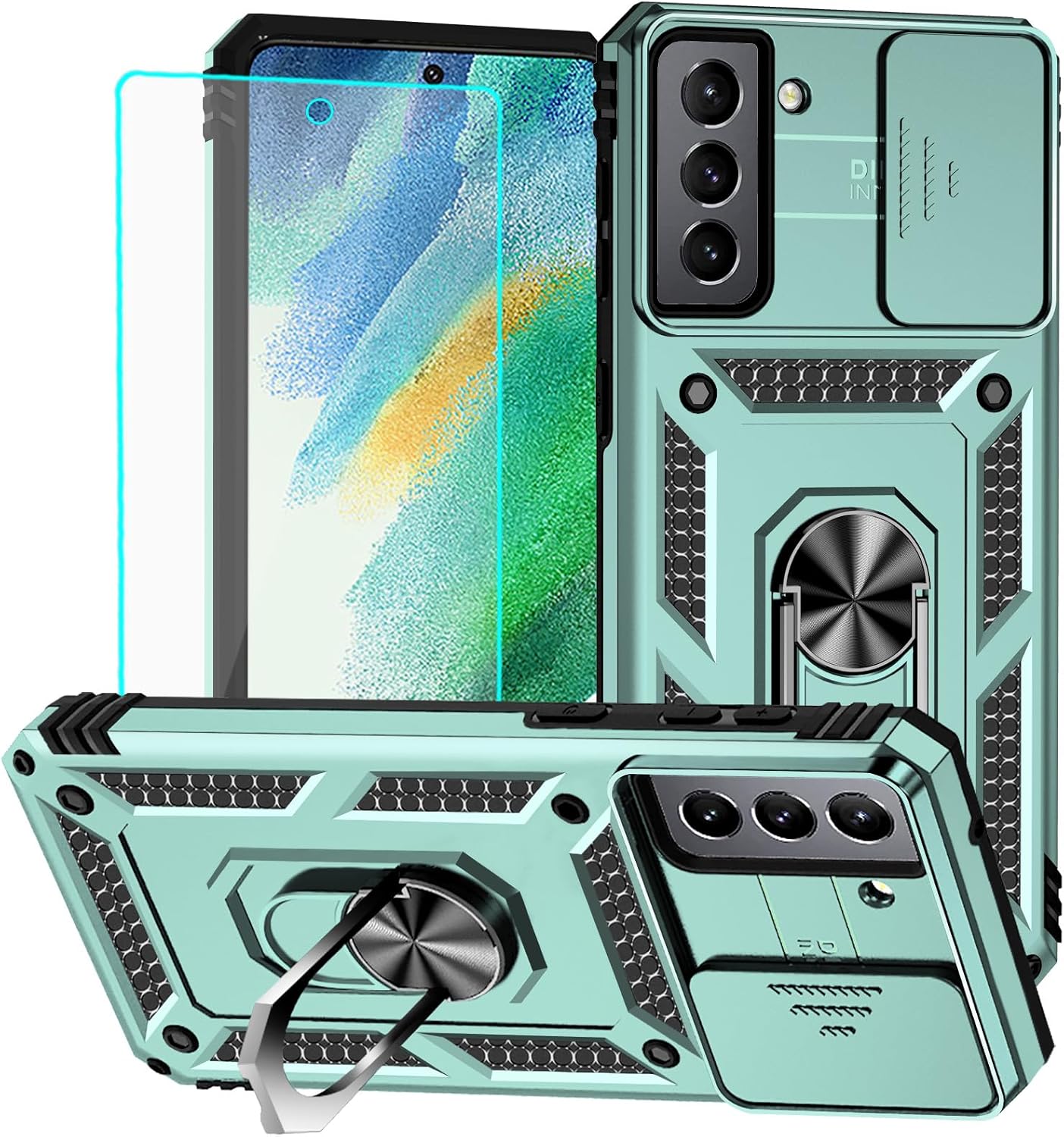 for Samsung S21 FE Case with Screen Protector: [Military Grade 20ft. Drop Tested] Ring Shockproof Protective Phone Case for -Samsung Galaxy S21 FE (Dark Green)