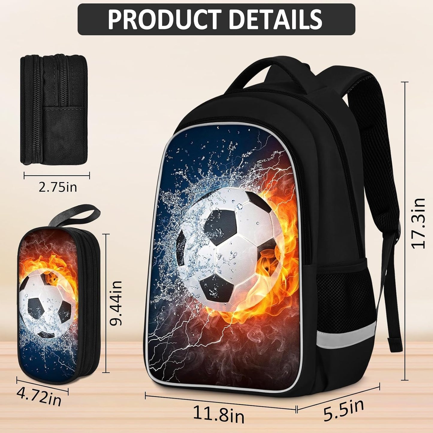 School Backpack for Boys - 4pcs Soccer Boys Backpack with Lunch Box and Pencil Case for Kids Children Teens Elementary Middle School - Students Bag for Ages 6-18,17″Bookbag Travel Back Pack
