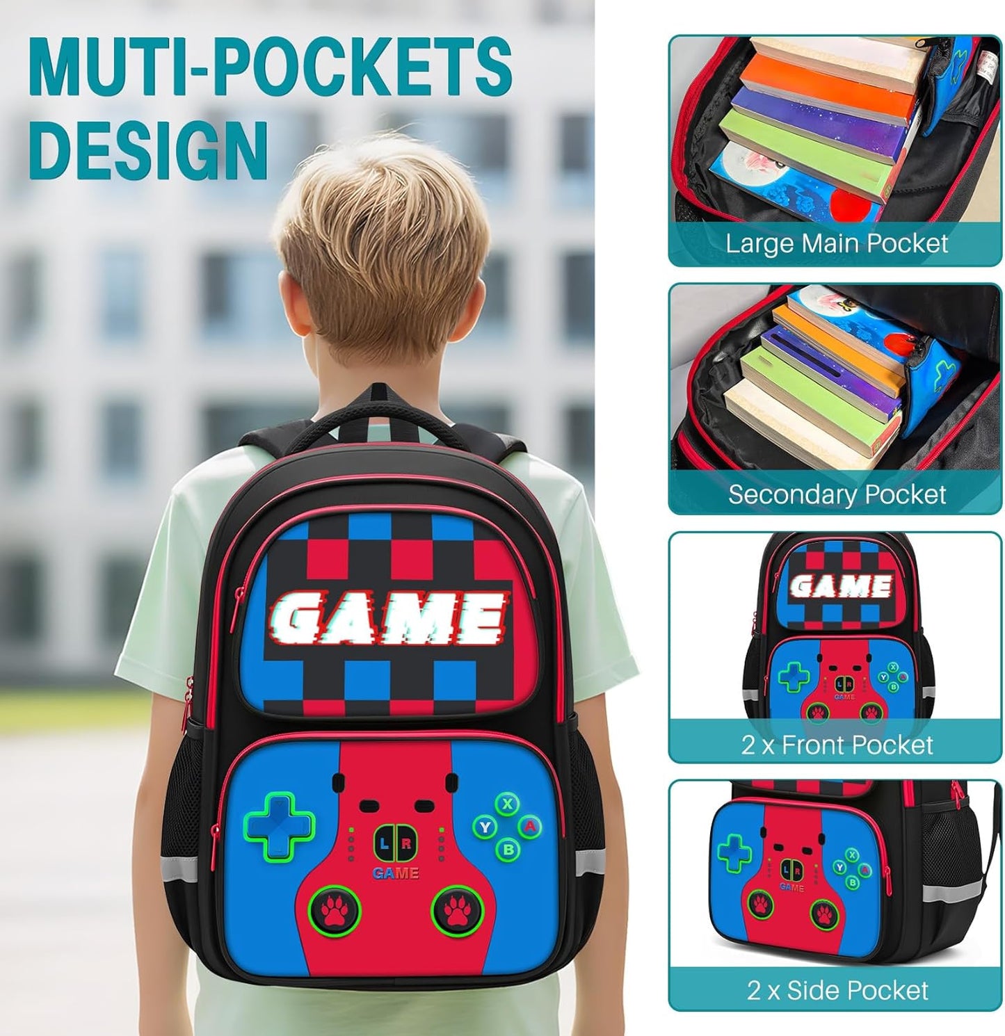 Gaming Backpack for Boys 3pcs Set - Video Game Themed School Bookbag with Lunch Box and Pencil Case for Kids Teens, Elementary Middle High School Students, 17 Inch Large Capacity