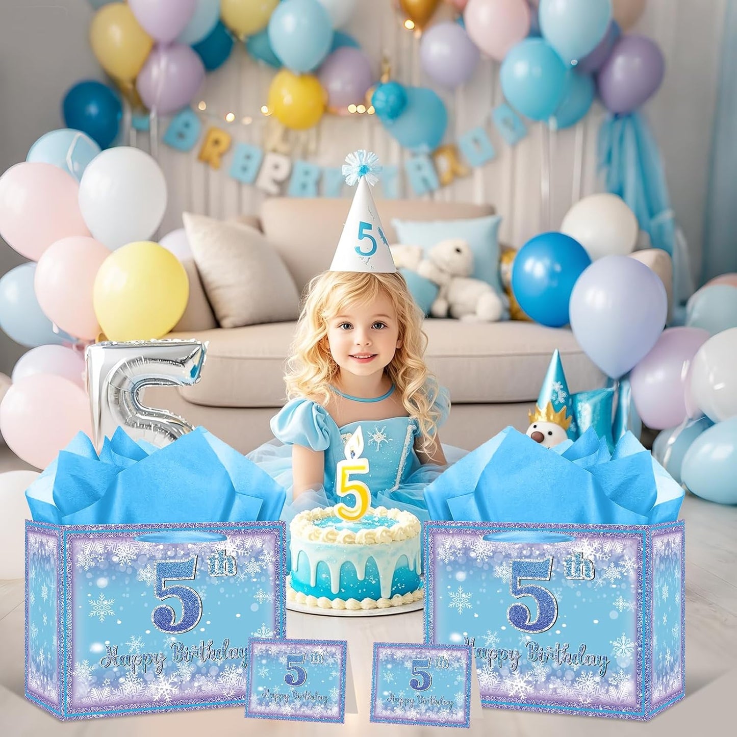 Frozen 5th Birthday Gift Bag for Girls, Large Purple Blue Snowflake Five Birthday Bags with Tissue Paper and Greeting Card Snow Frozen 5 Years Old Party Favor Bags for Girls 5th Bday Christmas Gift