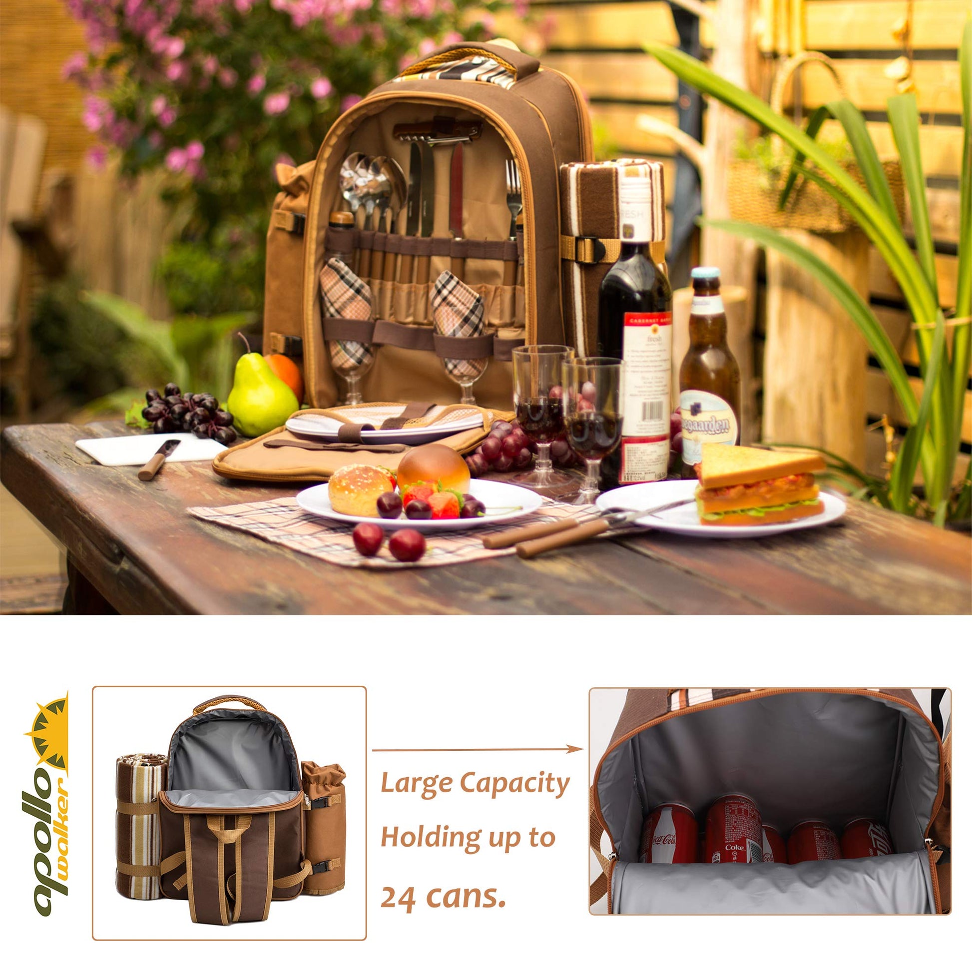 Picnic Backpack, 4-Person with Blanket & Wine, Family & Lovers Gift, Brown