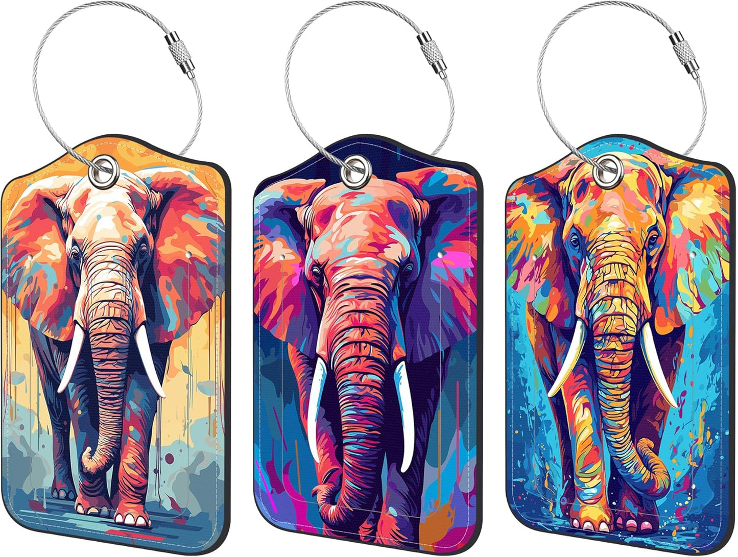 Luggage Tags for Suitcase 3 PCS Psychedelic Elephant Leather Travel Luggage Tag with Stainless Steel Loop Name ID Label Privacy Cover for Women Men Travel