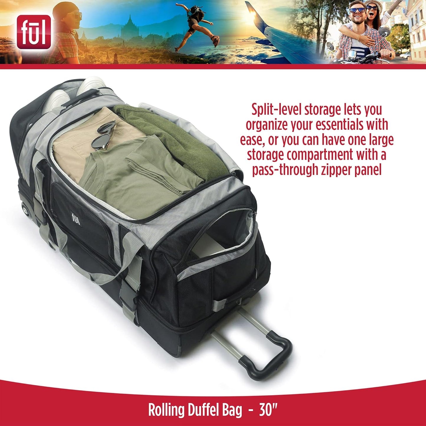 FUL Rig 30 Inch Rolling Duffel Bag, Travel Luggage with Wheels