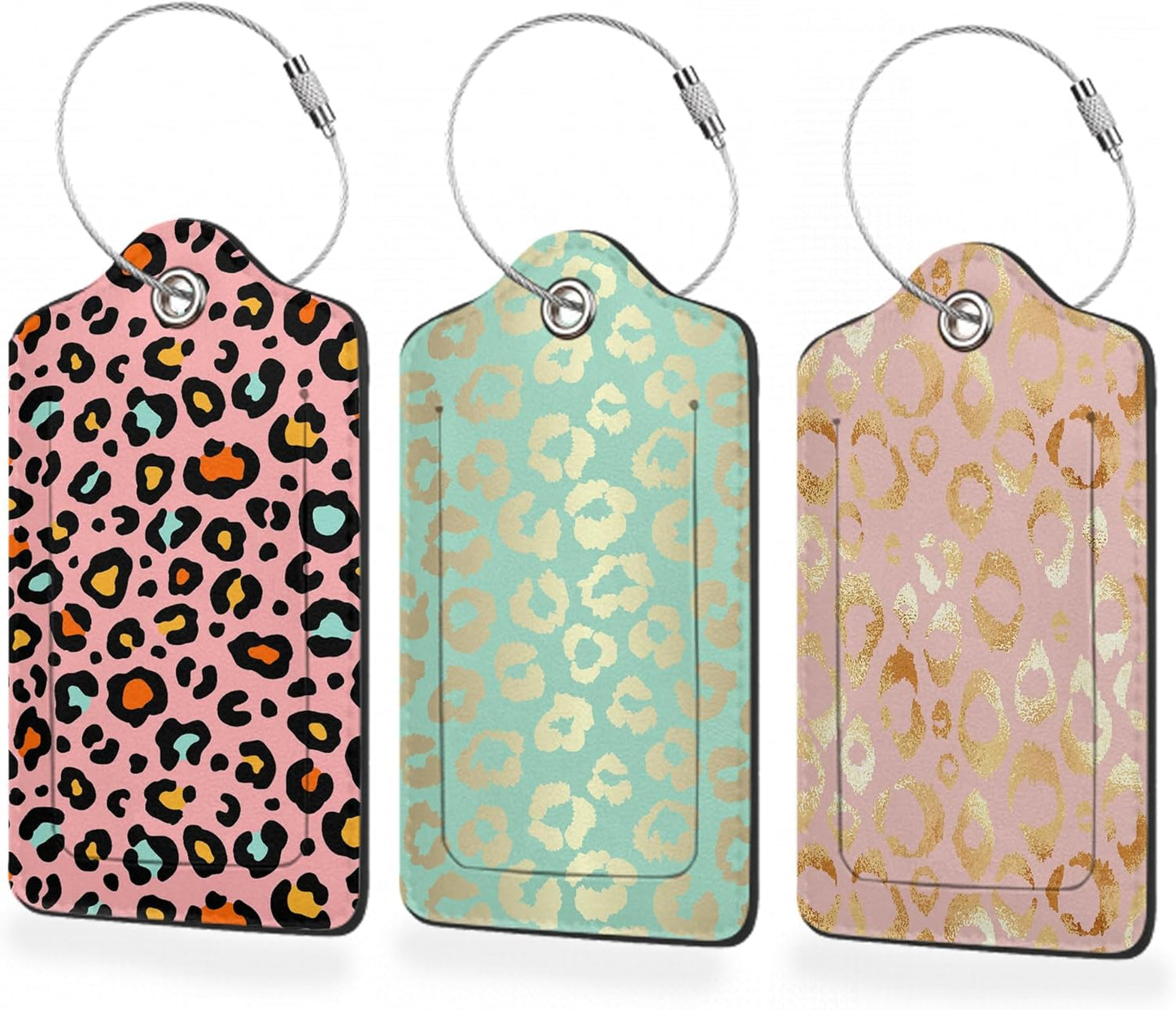 3 Pack Luggage Tags,Leather Suitcase Tags with Privacy Cover Name Address Labels& Durable Steel Loop for Men/Women Travel Bag Suitcases(Gold Leopard)