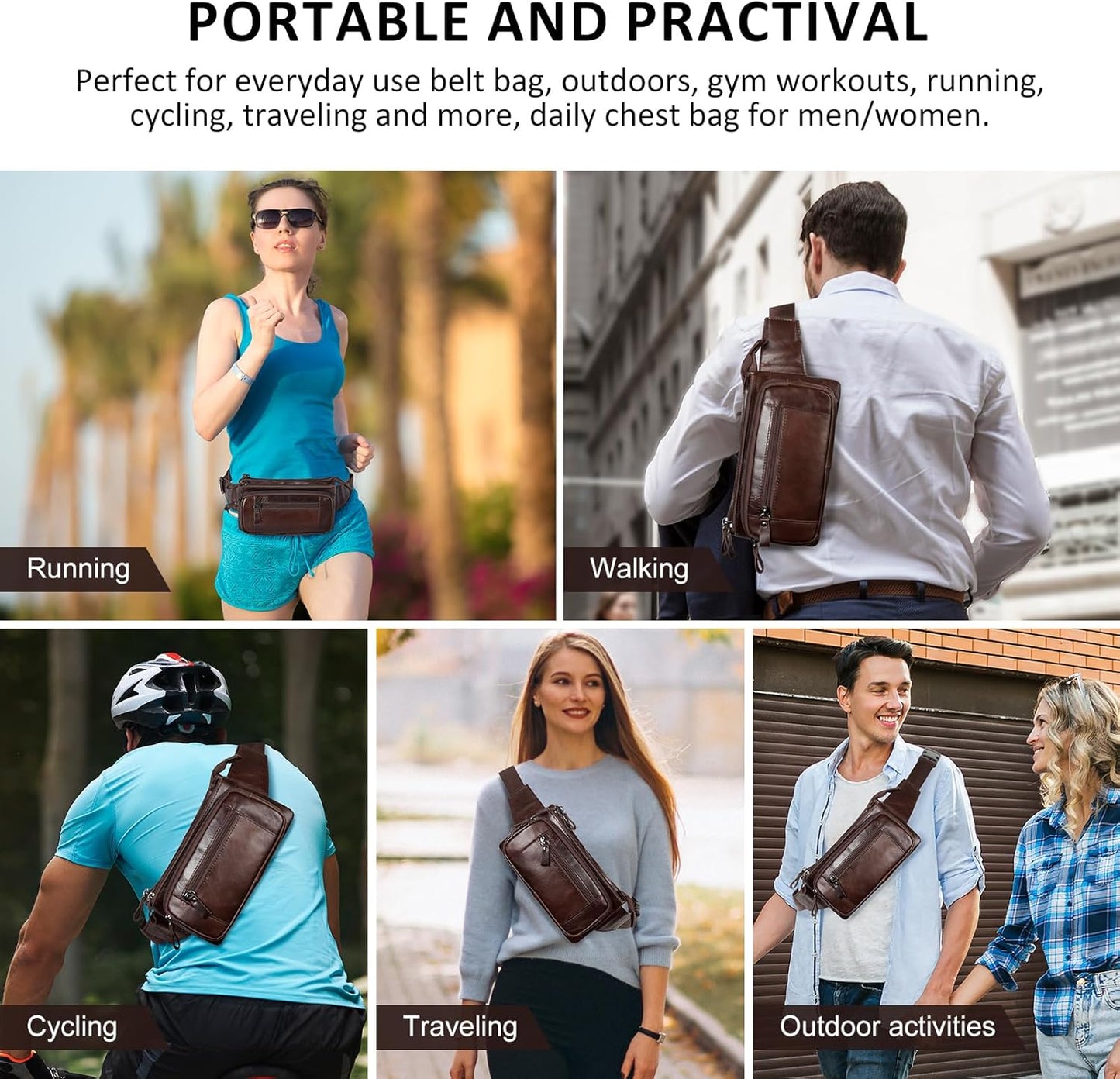 Leather Fanny Pack for Men Women, Belt Bag Fashion Waist Packs Small Crossbody Bag with Adjustable Strap for Travel Sport Walk (Coffee)