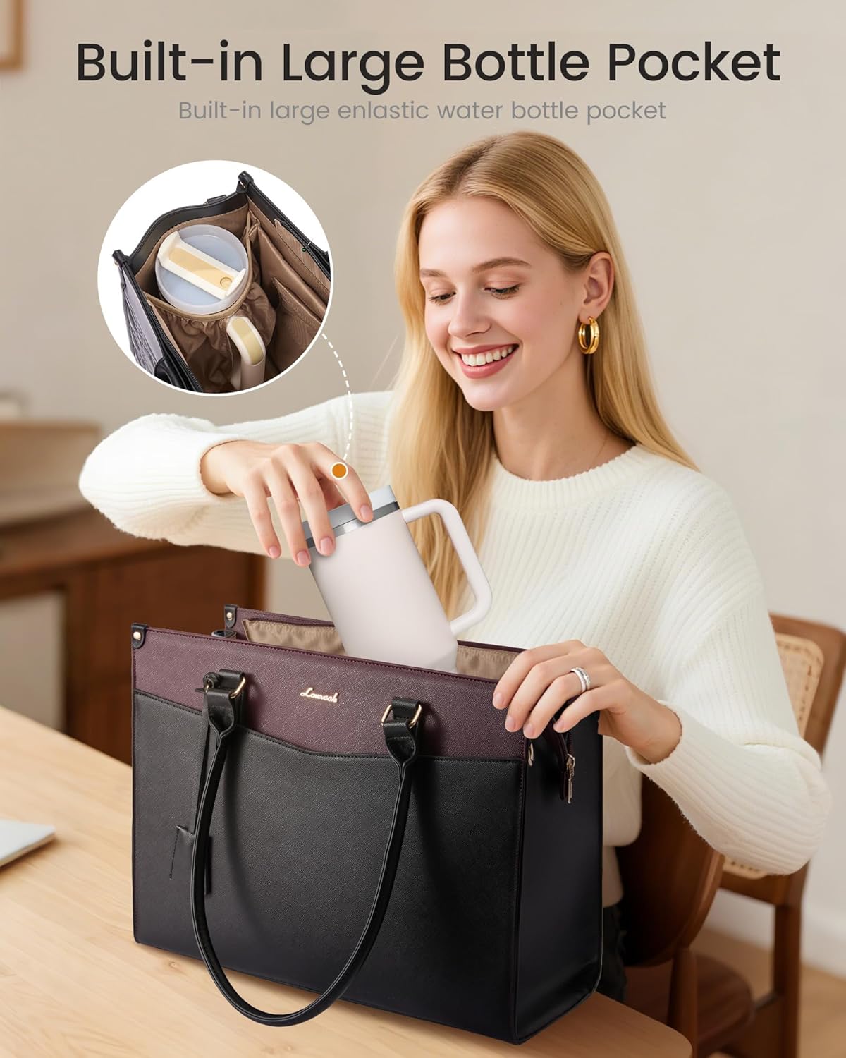 LOVEVOOK Laptop Bag for Women, 2-in-1 Tote Purse with Clutch & Cup Holder, Waterproof Briefcase for Work Travel