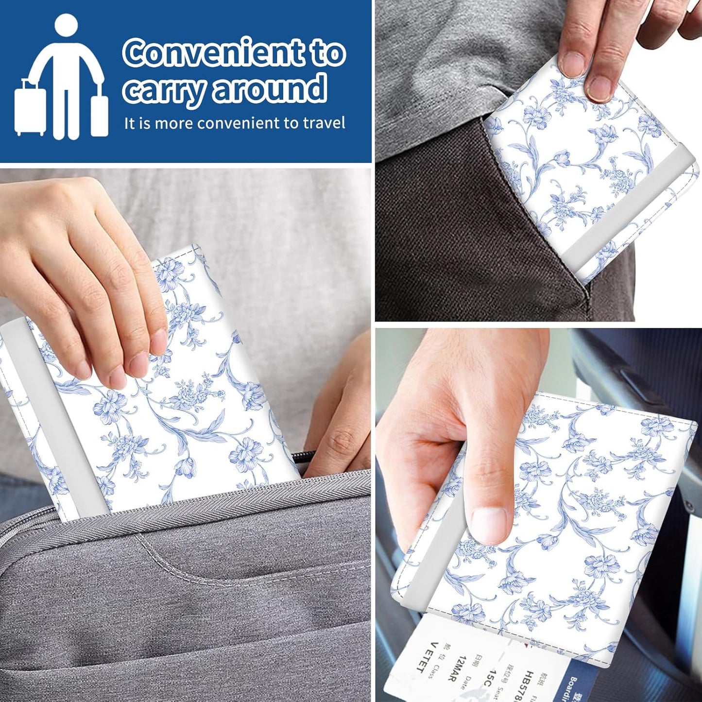 Passport Holder for Travel Essentials, Leather RFID Blocking Passport Wallet Cover Case, Cute Passport Book Holders for Women and Men Blue White Flowers