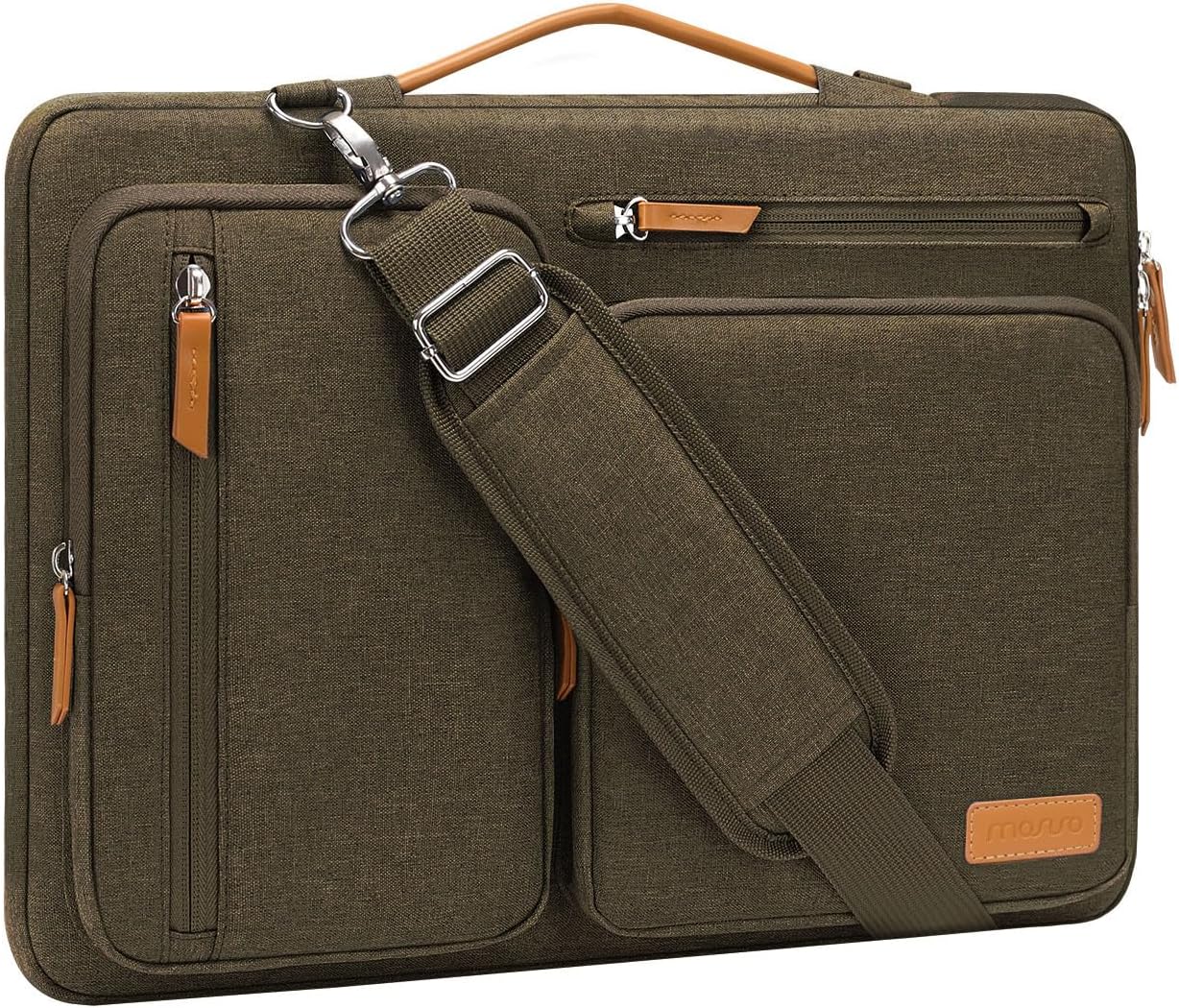 MOSISO 360 Protective Laptop Shoulder Bag,15 inch Computer Bag Compatible with MacBook Air M4 M3 M2/Pro A1990 A1707, Dell XPS Plus,Side Open Messenger Bag with 4 Zipper Pockets&Handle, Carob Brown
