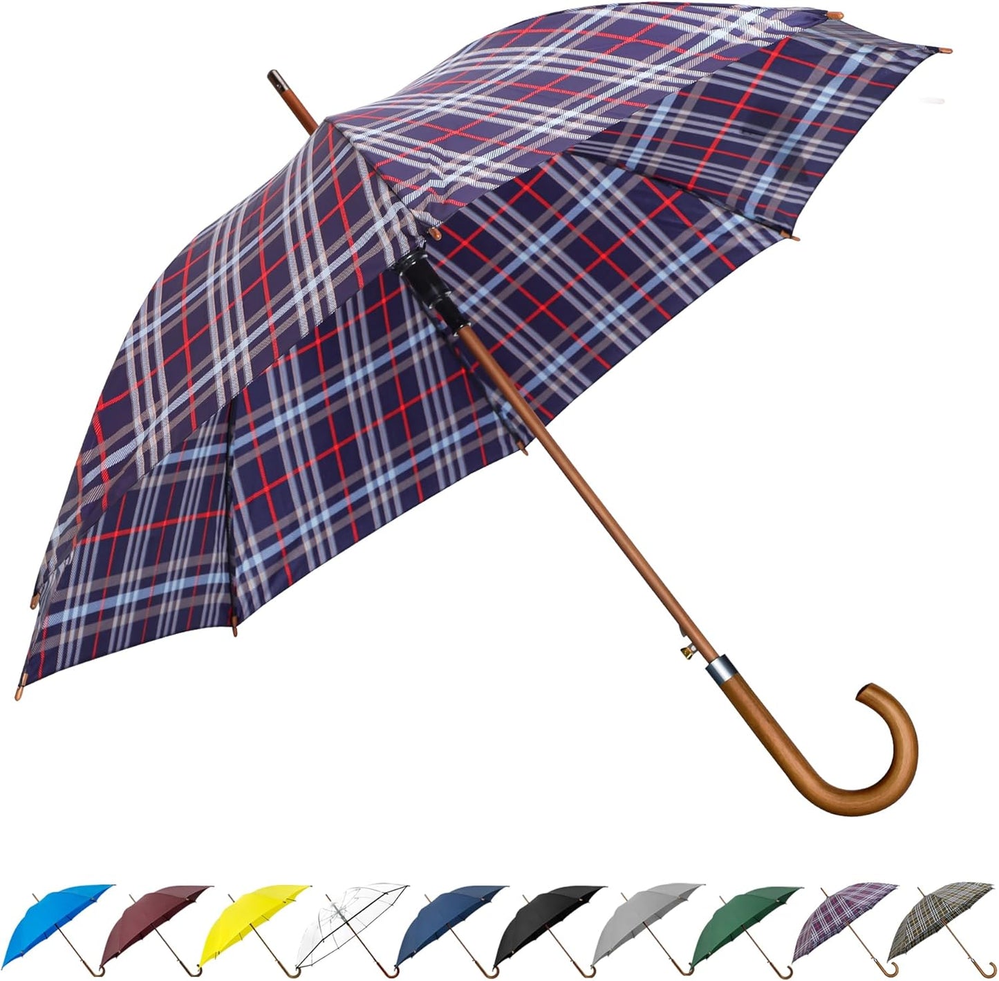 SoulRain 48" Large Umbrella –Windproof Stick Umbrellas for Rain, Automatic Open, Vintage Cane big Umbrella with Classic Wooden Handle,Open for 2 Persons adult,for Women & Men(Blue Red plaid)