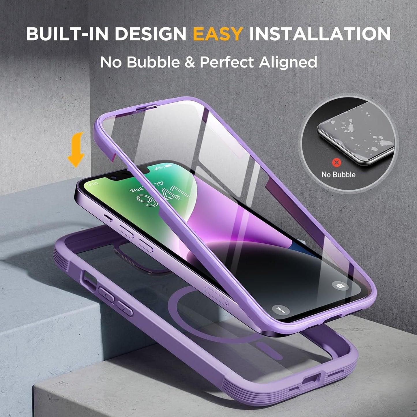Miracase Glass Series Designed for iPhone 14 Plus Case 6.7 inch, 2023 Upgrade Full-Body Magnetic Clear Case with Built-in 9H Tempered Glass Screen Protector,Compatible with MagSafe,Purple