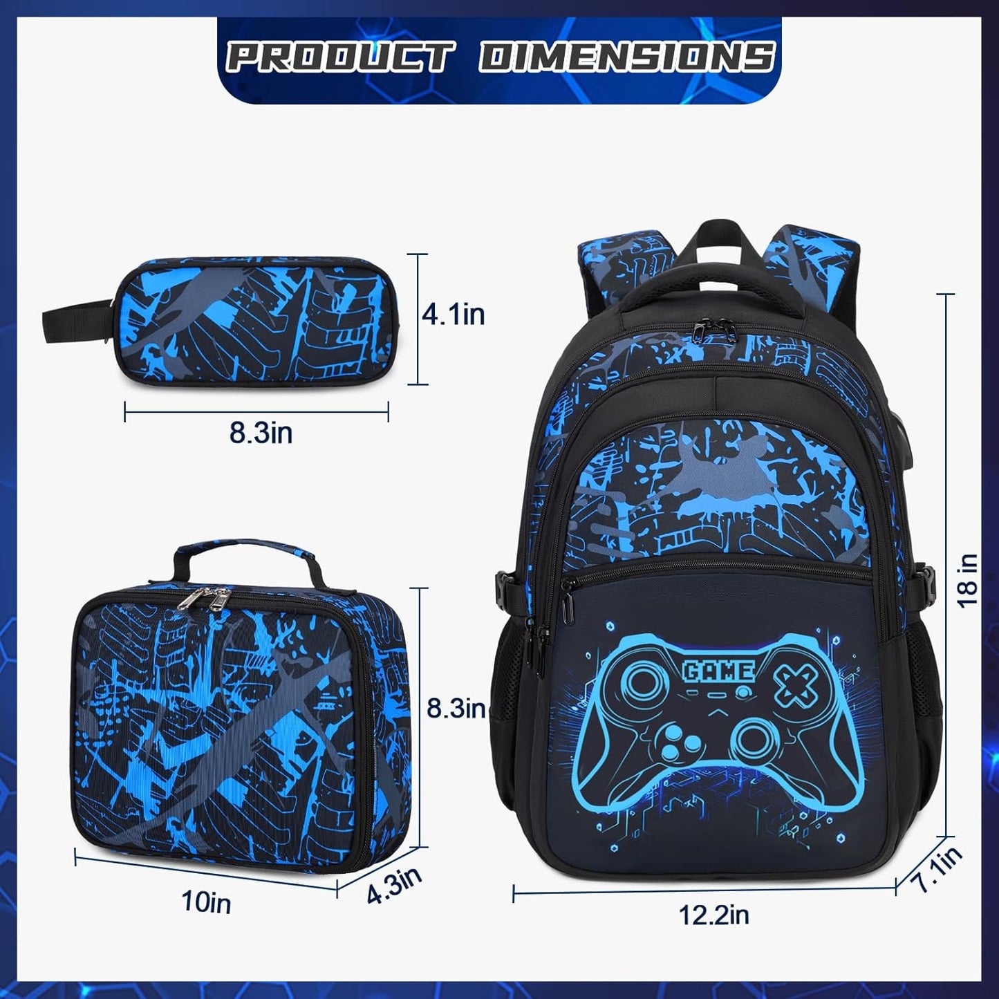Boys Backpack for School, 3PCS Cool Luminous Gamer Backpack for Boys with Lunch Box Pencil Case, Kids Backpacks Bookbag for Teen Boy Elementary Middle High School with USB Charging Port