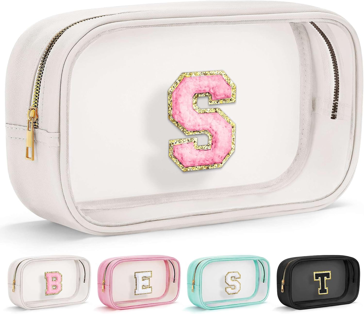 YOOLIFE Initial Make Up Bag Travel Toiletry Bag, Clear Makeup Bag Preppy Cosmetic Bag Clear Makeup