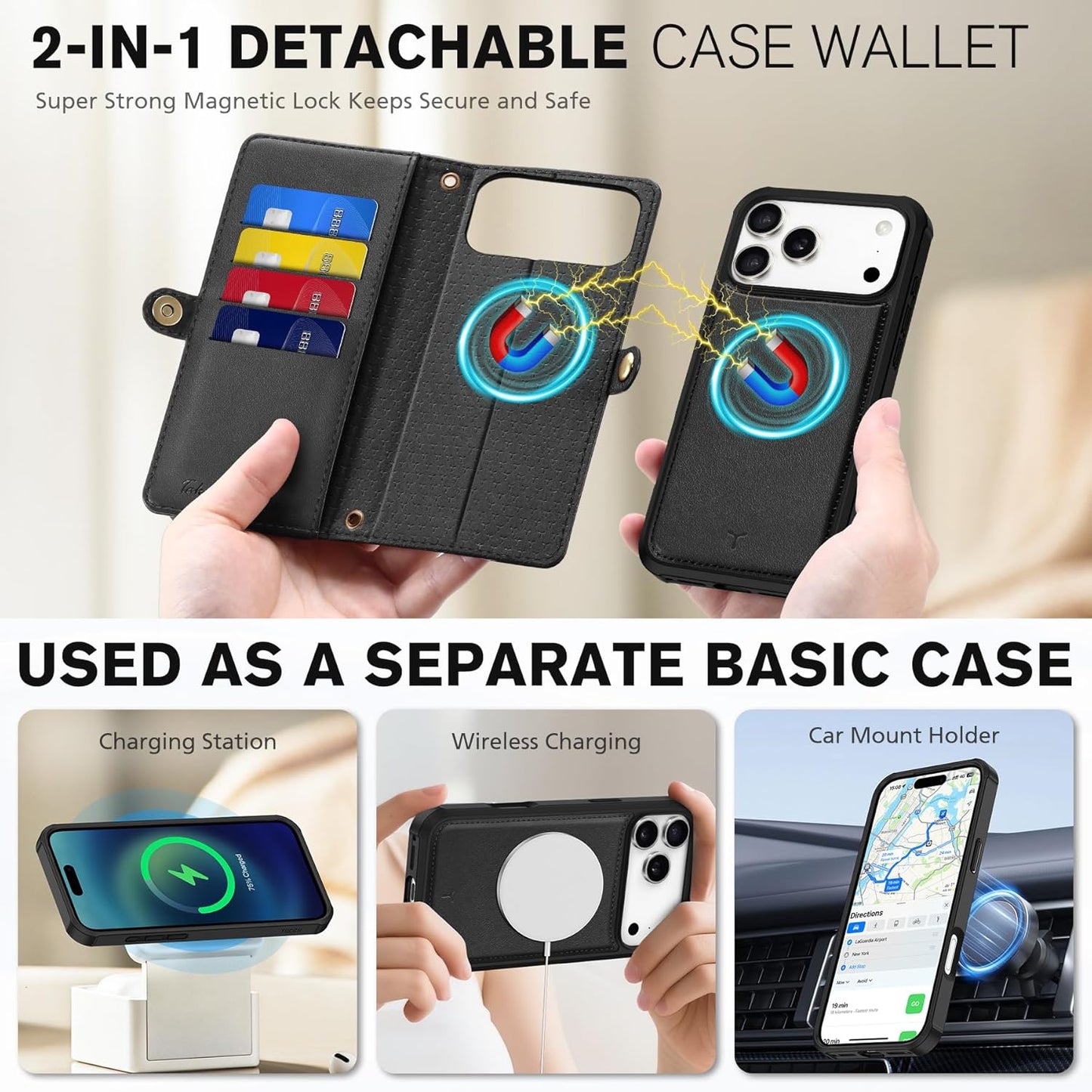 TUCCH Crossbody Detachable Wallet Case for iPhone 17 Pro Max 6.9" 2025, 10 Card Slots RFID Blocking | Wireless Charging | Wrist Strap | Lanyard | Stand | Zipper Pocket | PU Leather Phone Cover | Black