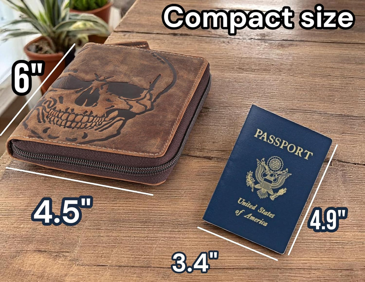 Passport Wallet - Travel Document Holder w/RFID Blocking – Full Grain Leather – Bifold compact zip around Wallet with Credit Card Slots for Women and Men, brown skull,500-31