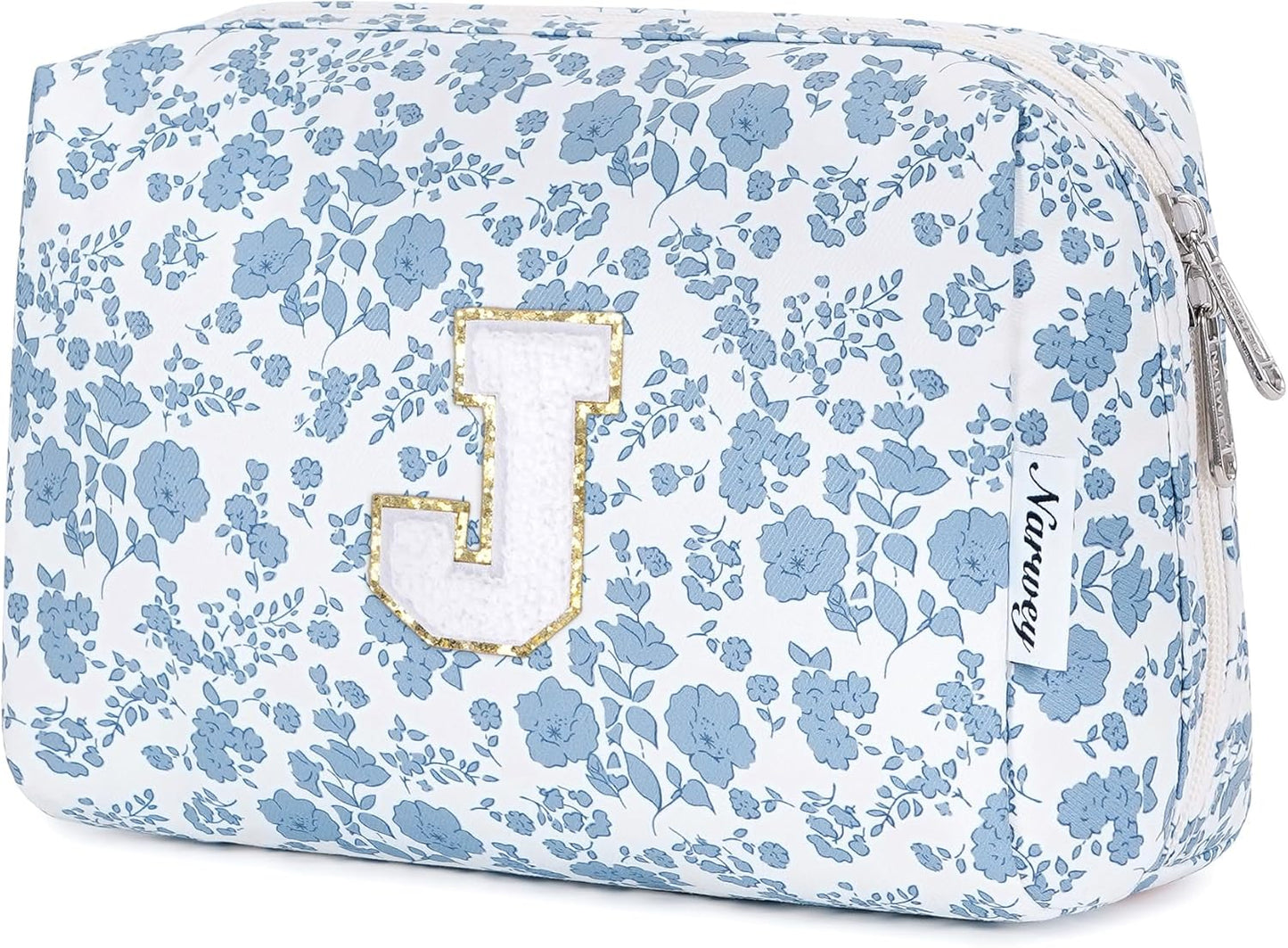 Narwey Birthday Gifts for Teen Girls Kids Women Personalized Initial Floral Makeup Bag Cute Cosmetic Trendy Stuff 6 8 10 11 12 13 14 16 18 Years Old Travel Toiletry Bag (Little Blue Flower J)