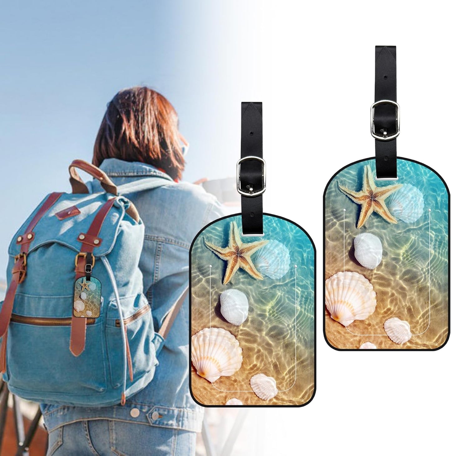 2 Pack Luggage Tags Summer Beach PU Leather Baggage Handbag Suitcase Tags with Secure Strap Privacy Cover ID Labels,Business Travel Baggage Tag Identifier