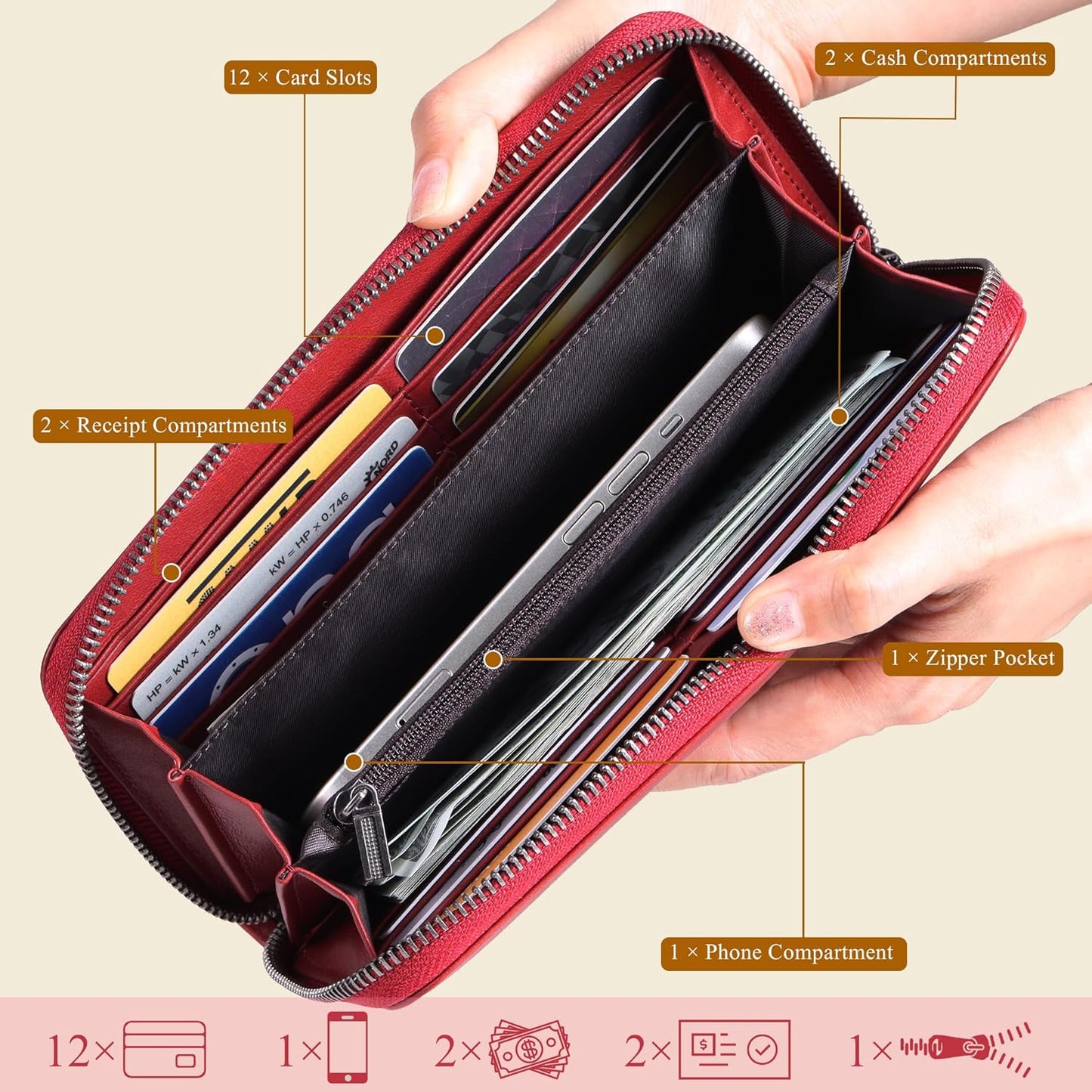 VISOUL Leather Long Zipper Pouch Wallet for Men and Women with RFID Blocking, Large Clutch Cash Long Wallet with Zipper (Burgundy)