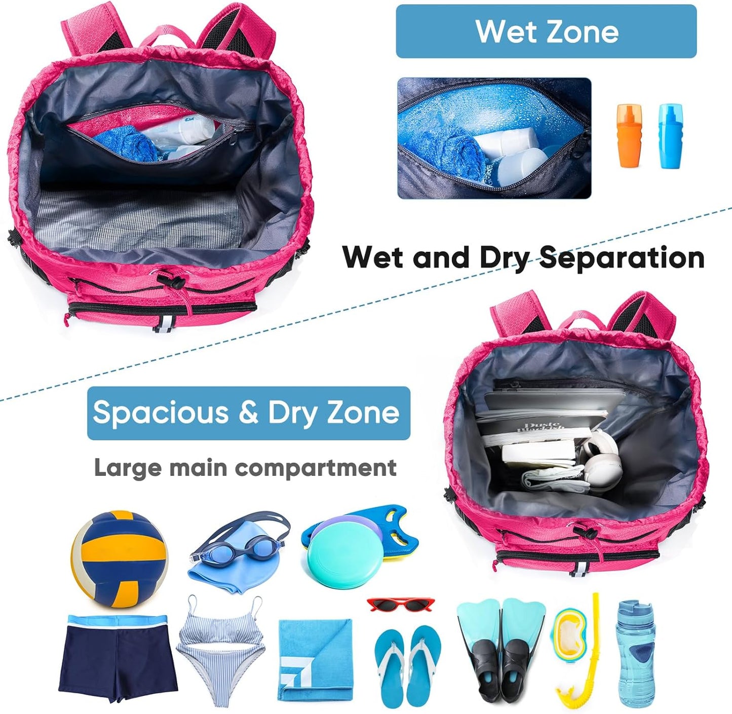 Large Beach Backpack Waterproof Sandproof - Customized Oversized Drawstring Pool Bag with Shoe Compartment for Toiletries, Towels, Gym, Travel