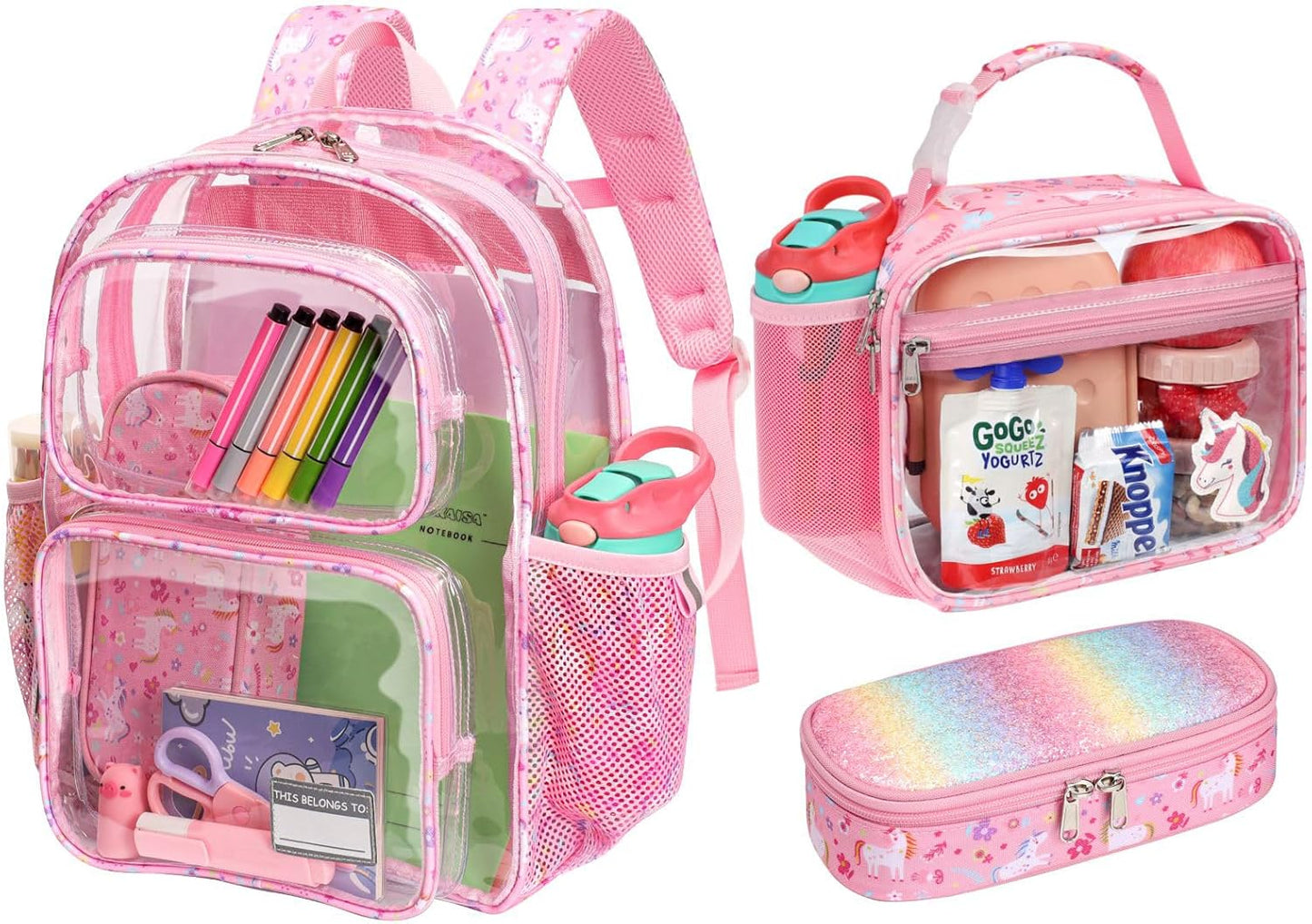 Bagseri 3pcs Clear Backpack for Girls - 15 Inch Backpack and Clear Lunch Bag and Pencil Case Set, Heavy Duty Transparent Bookbag for School, See Through Bag for Kids Aged 3 to 8, Pink Unicorn