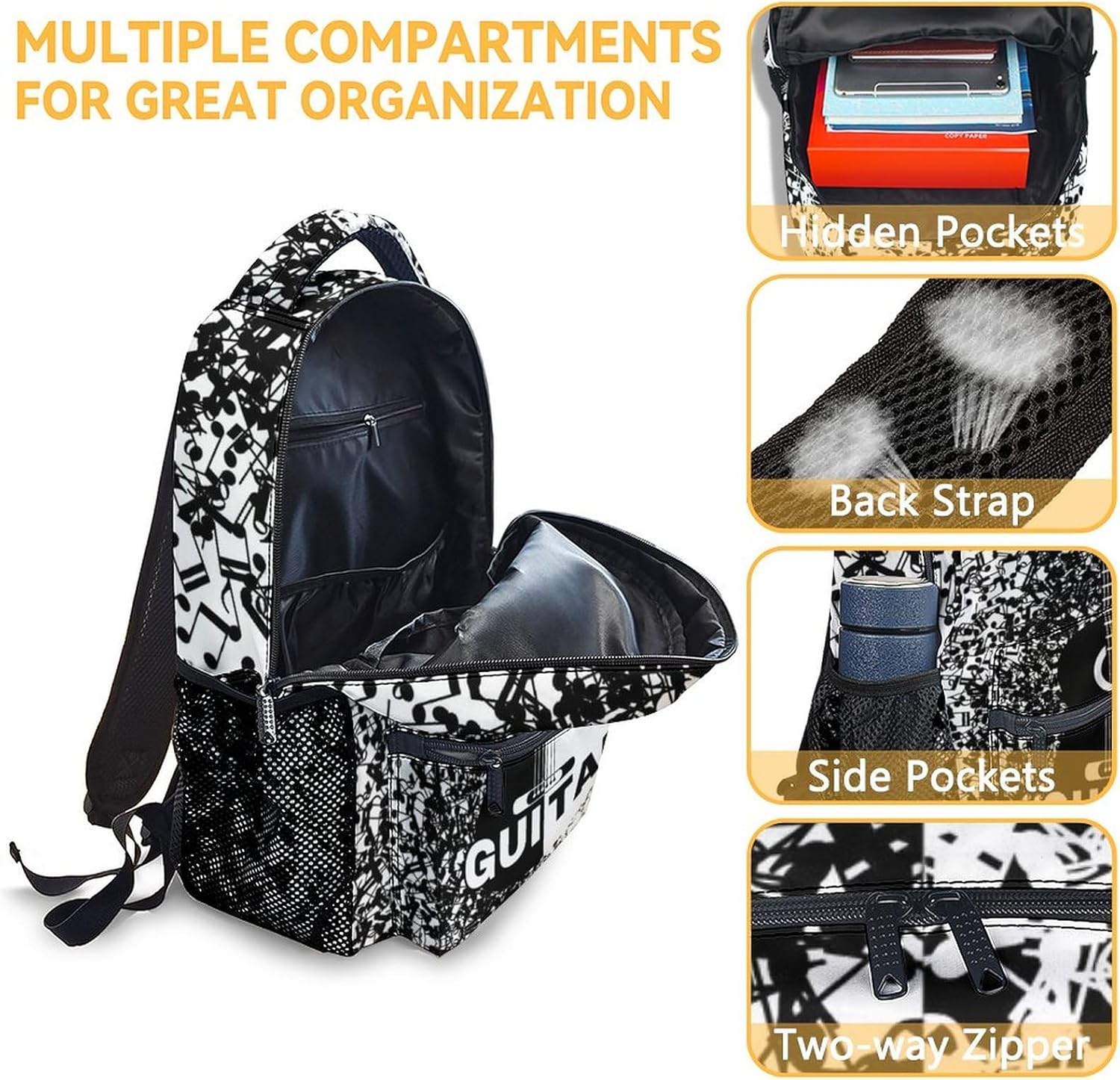 Mercuryelf Guitar Backpack for Girls & Boys - 16 Inch Black White Backpacks for School - Cool