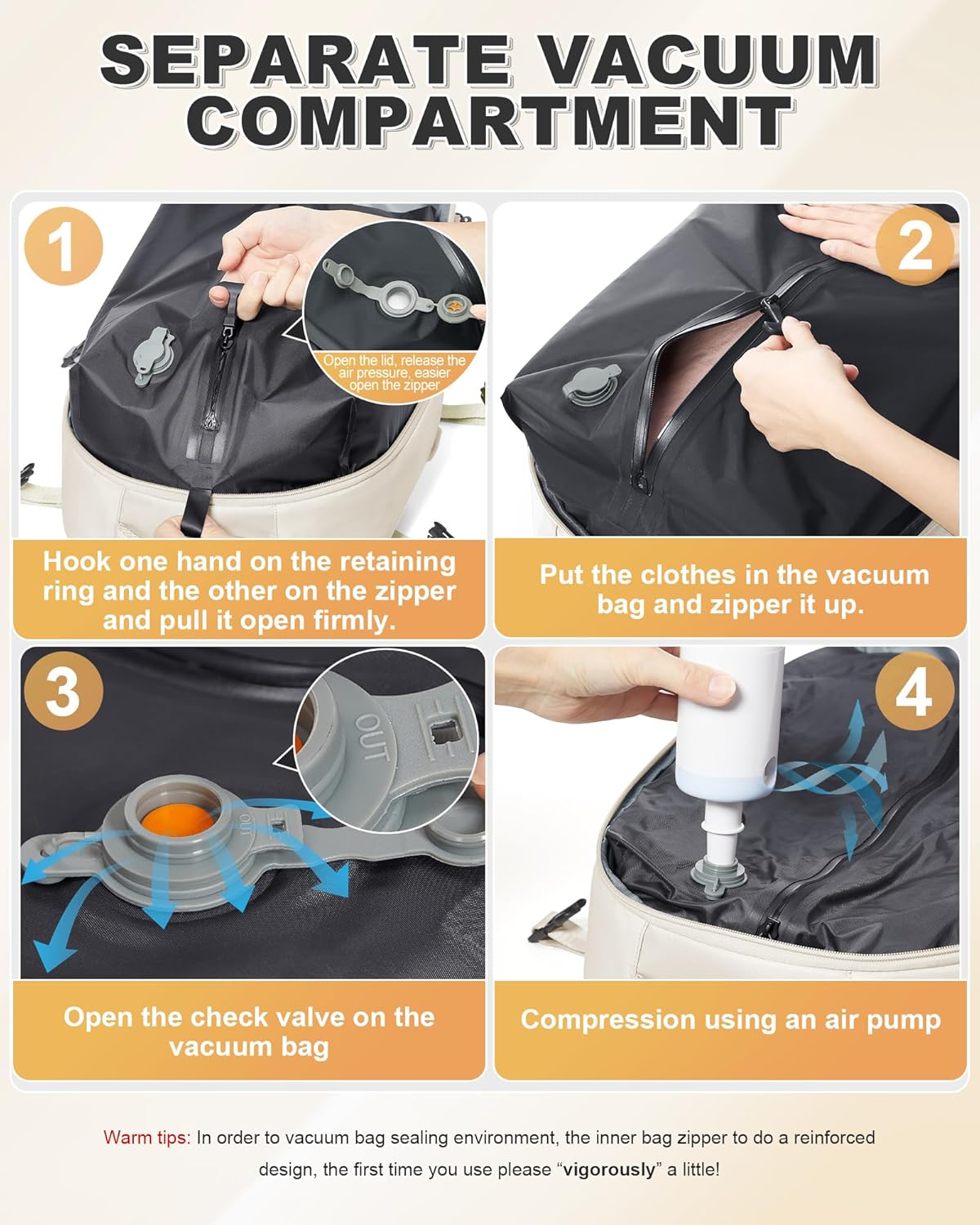 VGCUB Small Travel Vacpack Backpack with Vacuum System Carry on Storage Compression Personal Item Bags with Electric Pump Work Business College Waterproof Backpack for Women Men Beige