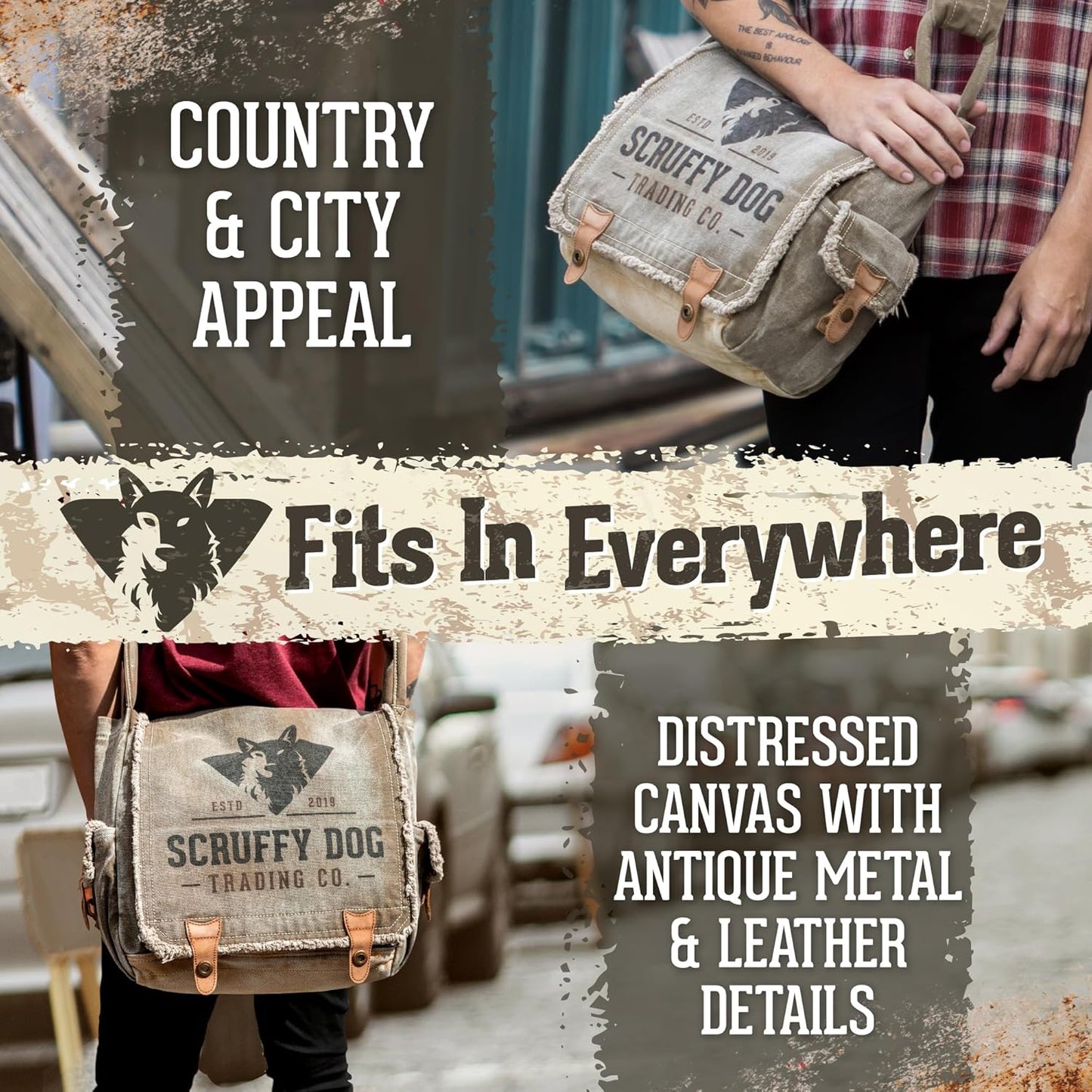 SCRUFFY DOG Vintage Messenger Bag for Men & Women - 13" Canvas Satchel 7 Pockets, Tablet & Laptop Storage, Adjustable Crossbody Shoulder Strap for Travel or Everyday Use