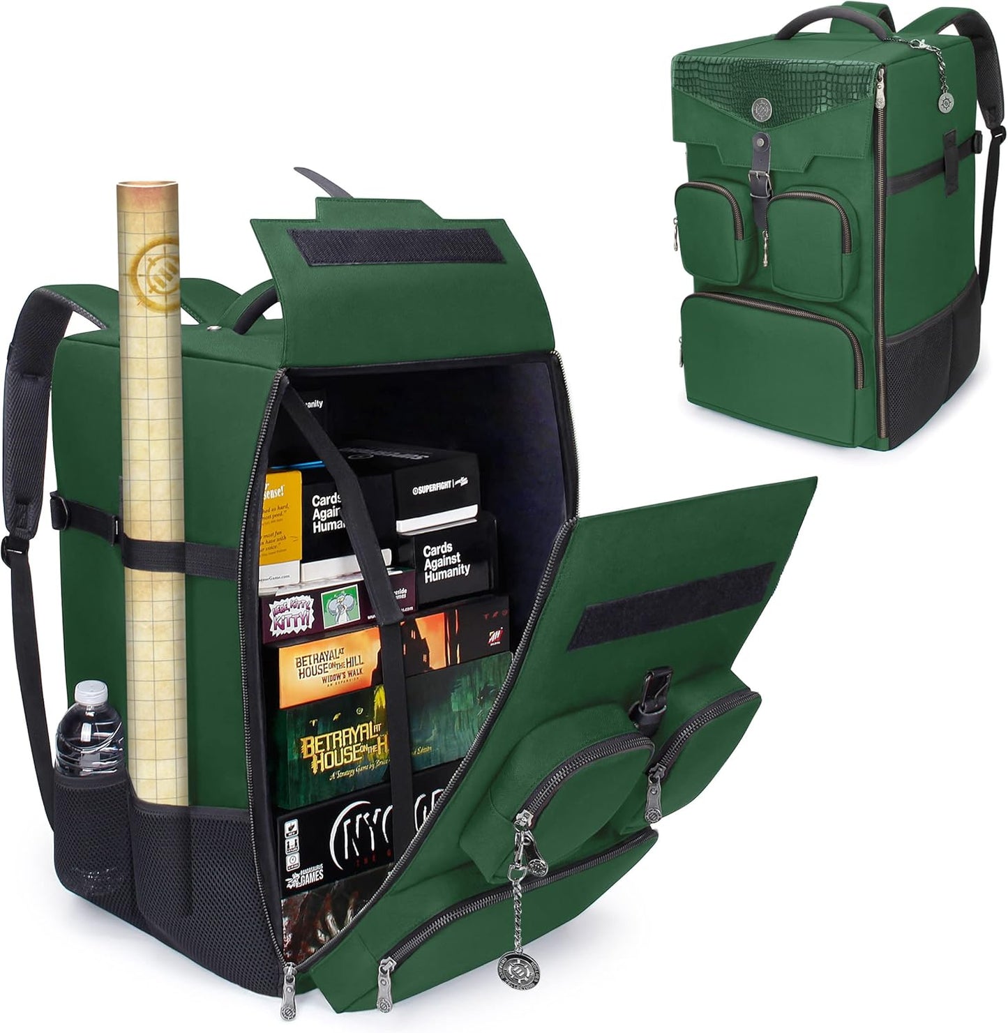 ENHANCE Collector's Edition Board Game Backpack - Reinforced Rigid Board Game Storage with Padded Shoulder Straps, Carrying Handle, and Accessories Pockets for Dice, Card Games, More (Dragon Green)
