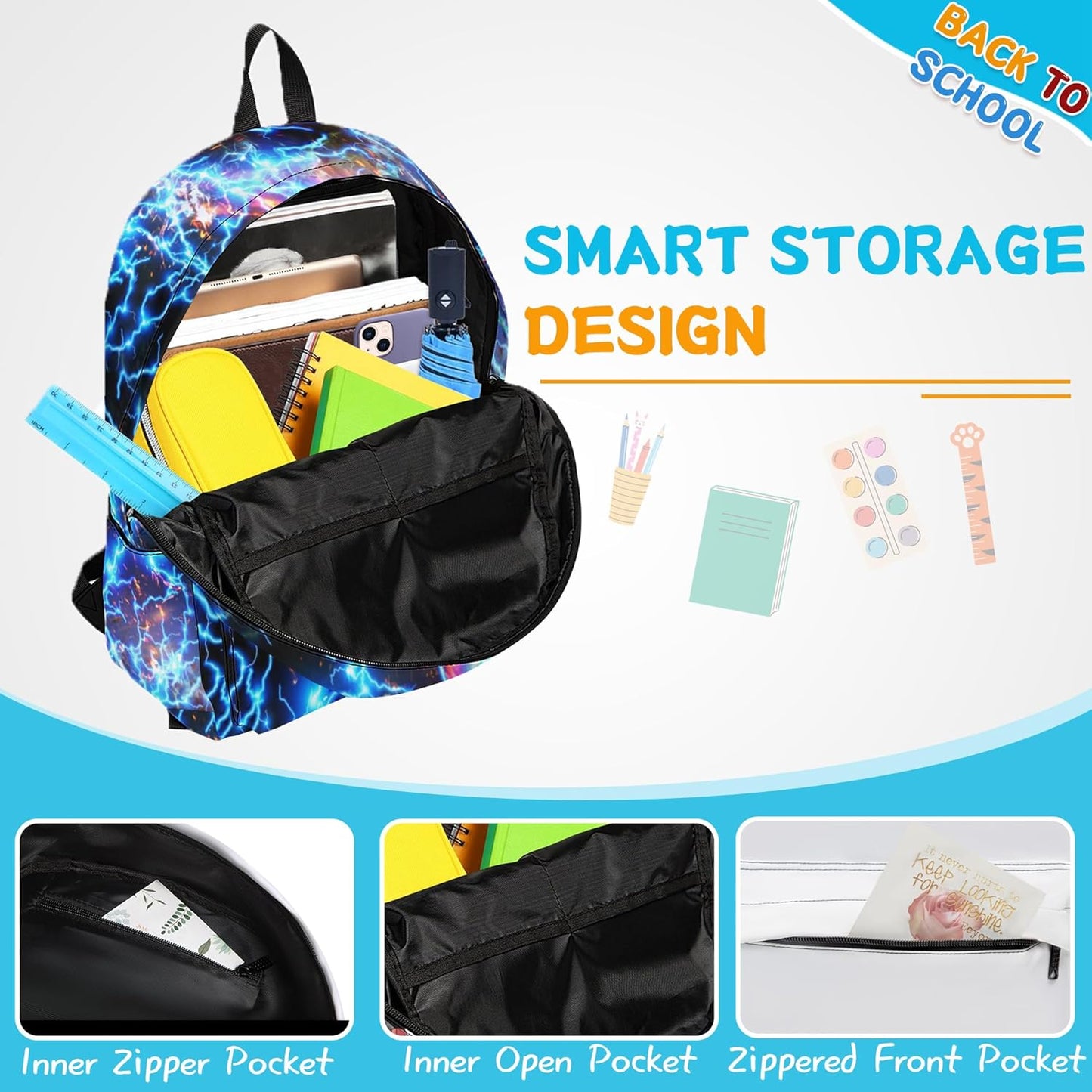 3PCS Lightning Backpack Set for Boys, Large Lightweight 17 Inch Backpack with Lunch Bag & Pencil Case for Kids, Back to School Bookbag for Elementary Middle School -Blue