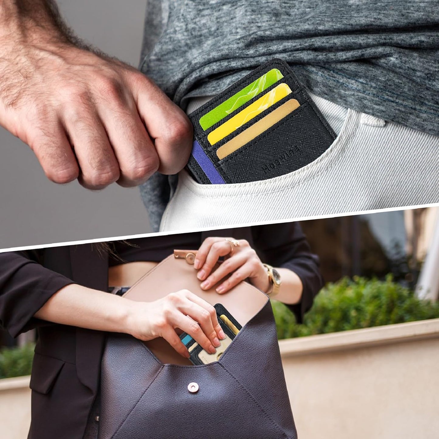Hoewina Slim Wallet for Men, Credit Card Holder Wallet, Minimalist Design - RFID Blocking Front Pocket Leather Thin Wallet for Men and Women(Mist Black)