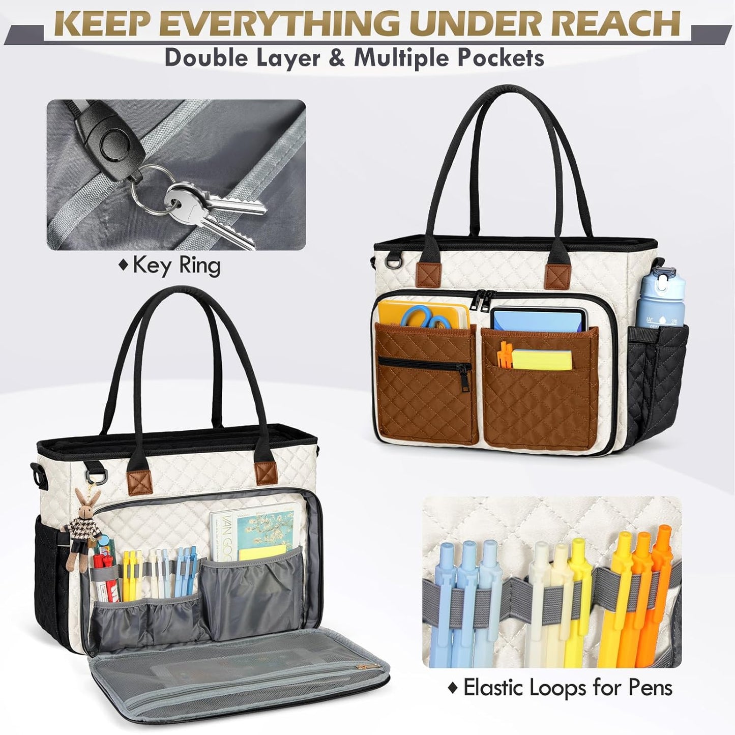RAINSMORE Teacher Tote Bag 15.6 inch Laptop Bag for Women Work Bags Laptop Tote Nurse Bag Professional Computer Messenger with Insulated Pocket, Laptop Briefcase for Office, College,Black-white-brown