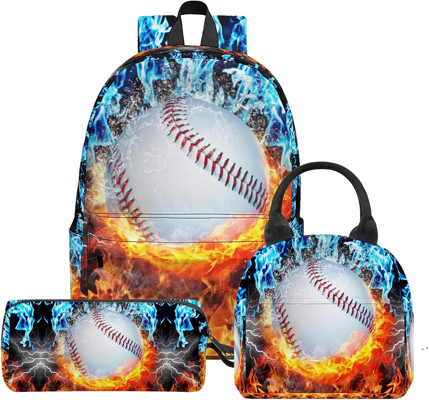 3PCS Baseball Backpack Set for Boys, Large Lightweight 17 Inch Backpack with Lunch Bag & Pencil Case for Kids, Back to School Cool Sports Bookbag for Elementary Middle School -Fire