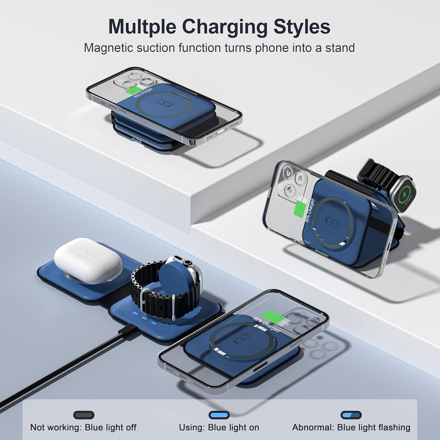 UCOMX 3 in 1 Charging Station for Multple Devices,Foldable 3 in 1 Wireless Charger for Travel,Nano Wireless Charging Station for iPhone16 15 14 13 12 Pro Max/Watch 10 9 8 7 6 5 4 3 Ultra/AirPod Pro