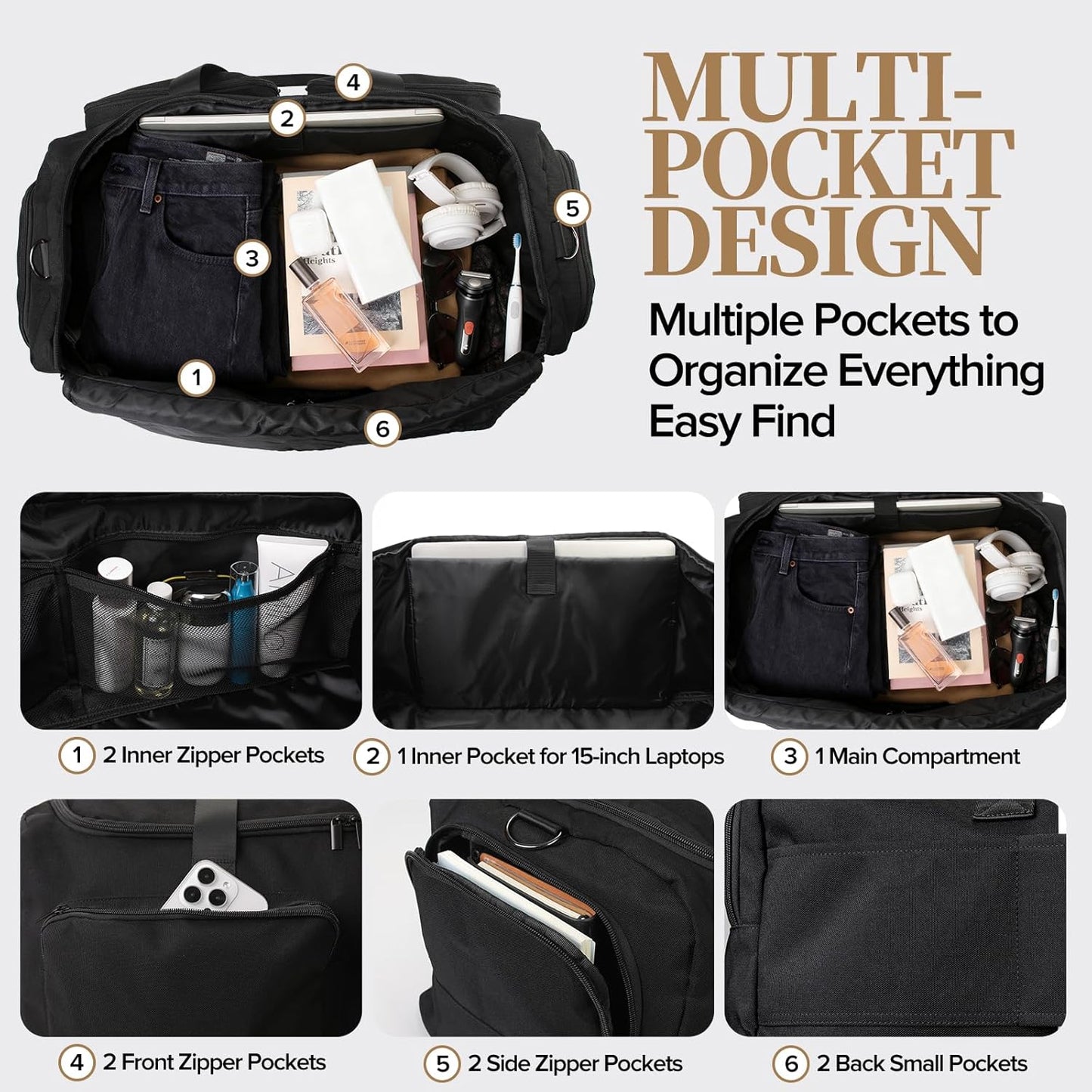 Duffle Bag for Travel, 55L Travel Duffel Bags, Weekender Overnight Carry on Travel Bag for Men & Women on Traveling, Camping, Sporting, Business (Black, 55L)