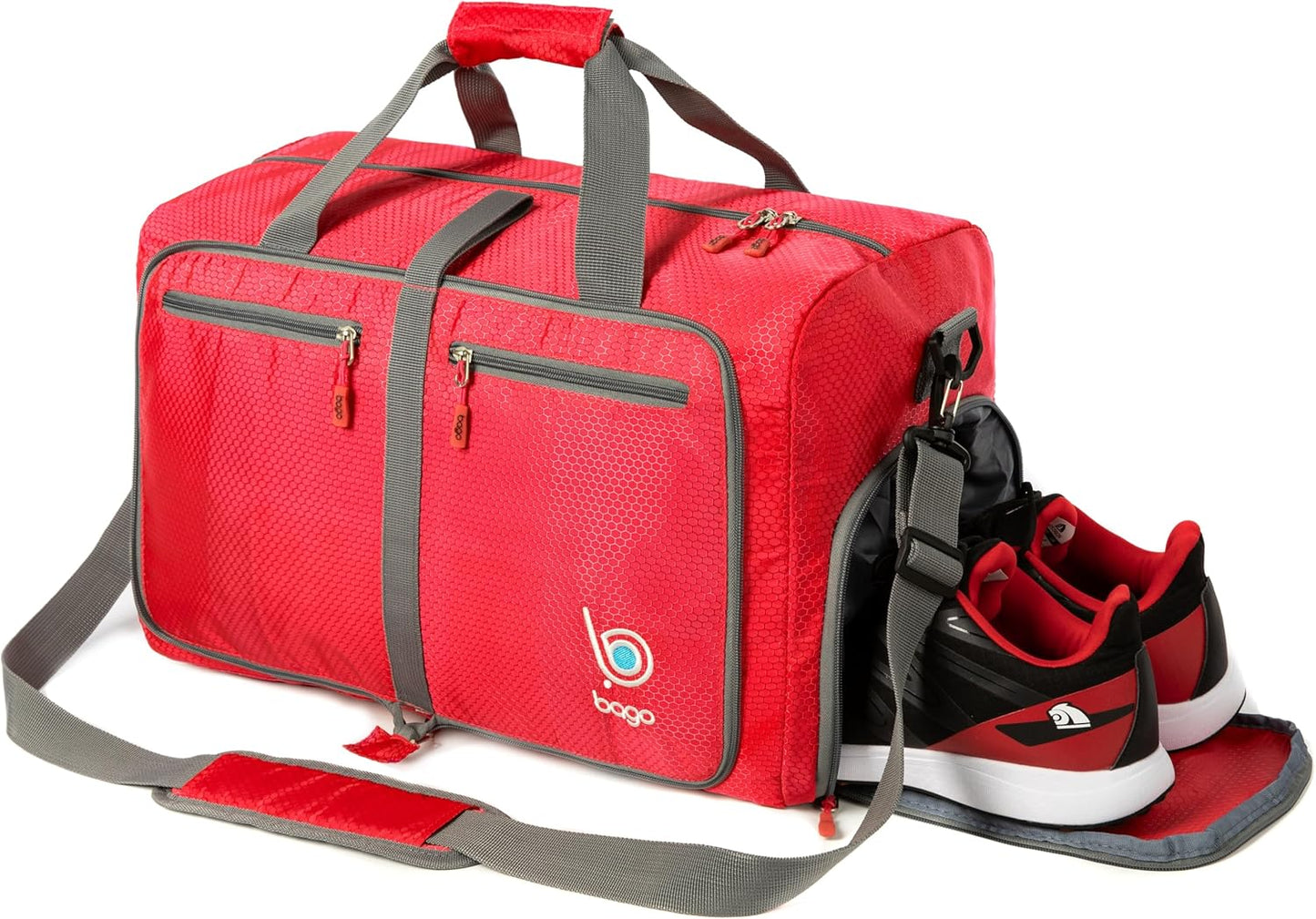 Bago Large Foldable Duffel Bags for Traveling Women & Men - 80L Packable Duffle Bag for Travel with Shoe Compartment - Water Repellant, Heavy Duty, Lightweight Folding & Collapsible (Red)