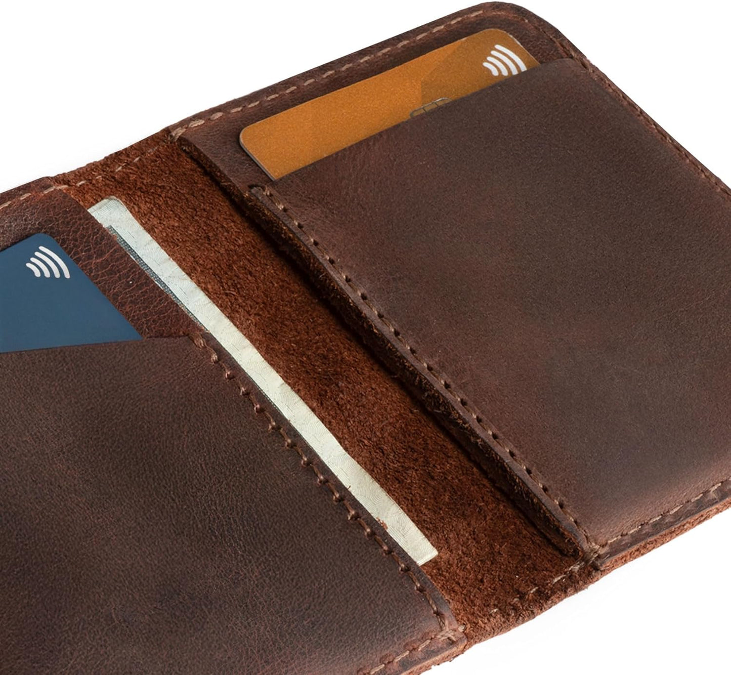 Hide & Drink, Bifold Wallet, Slim Card Holder, Minimalist Traveler Wallet, Vintage Front Pocket Wallet, Full Grain Leather, Handmade, Bourbon Brown