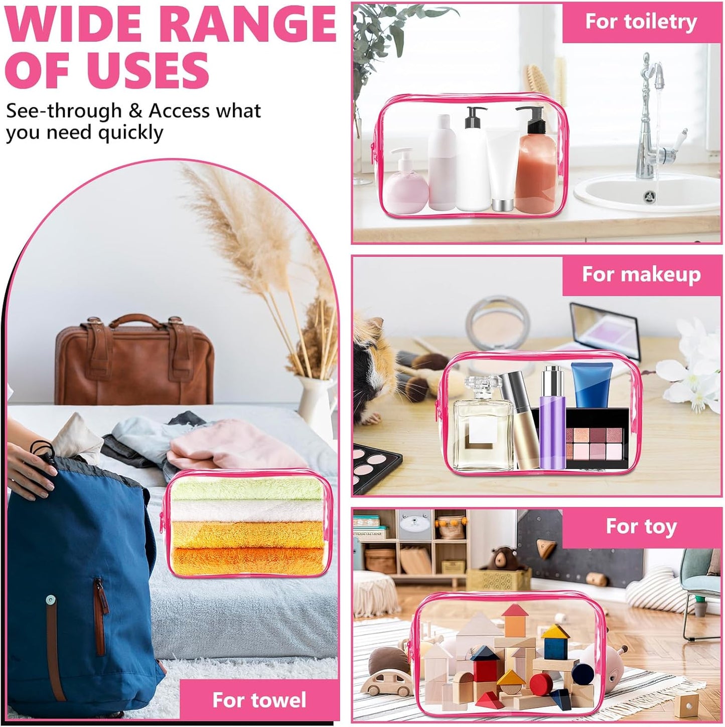 AURUZA Clear Makeup Bag,Portable Travel Toiletry Bags with Zipper, TSA Approved Clear Organizer Bags, PVC Cosmetic Pouch for Airport Airline Compliant