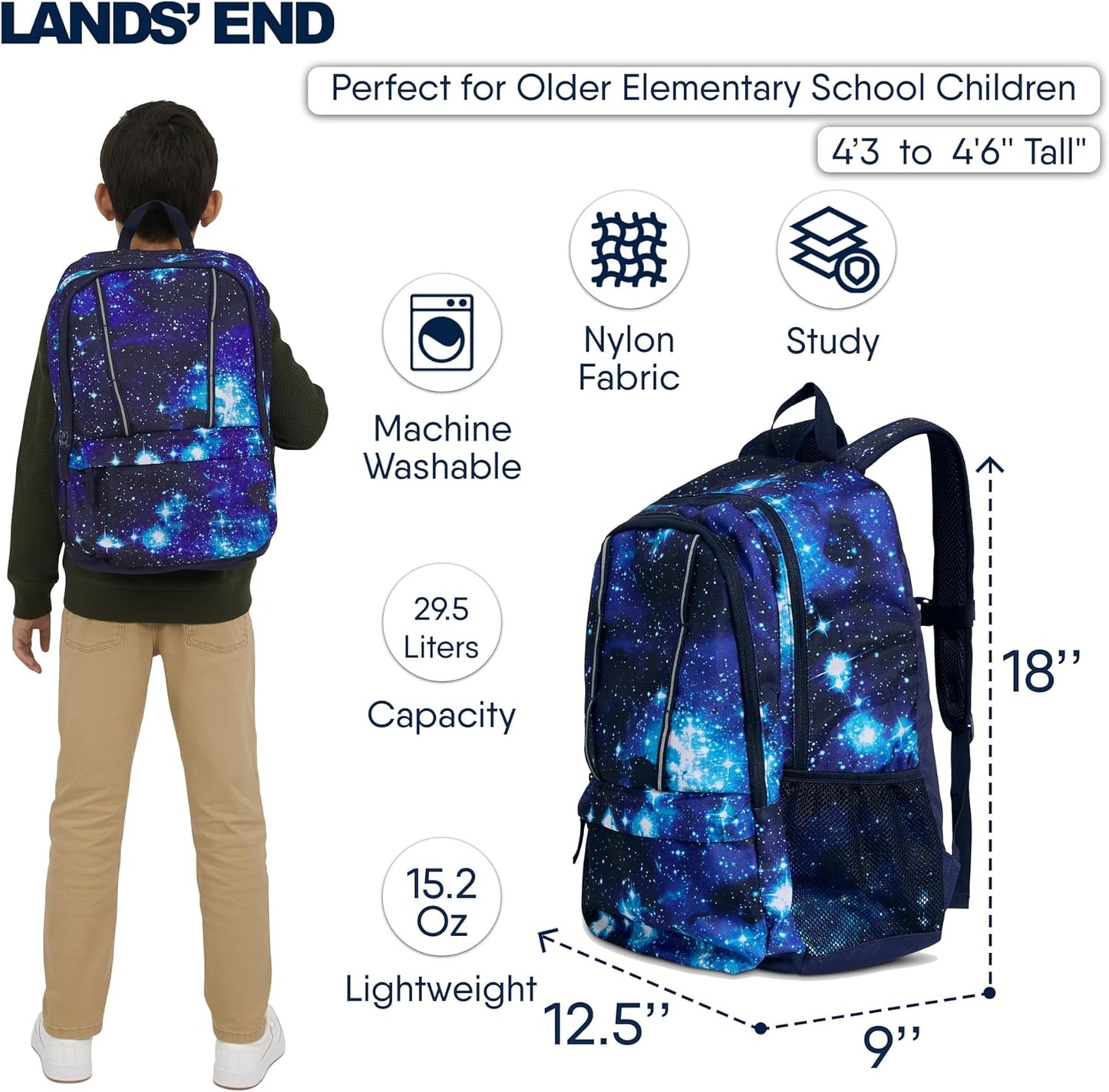 Lands' End Unisex Kids Large ClassMate Lightweight Durable Elementary School Backpack, Pro Star Navy