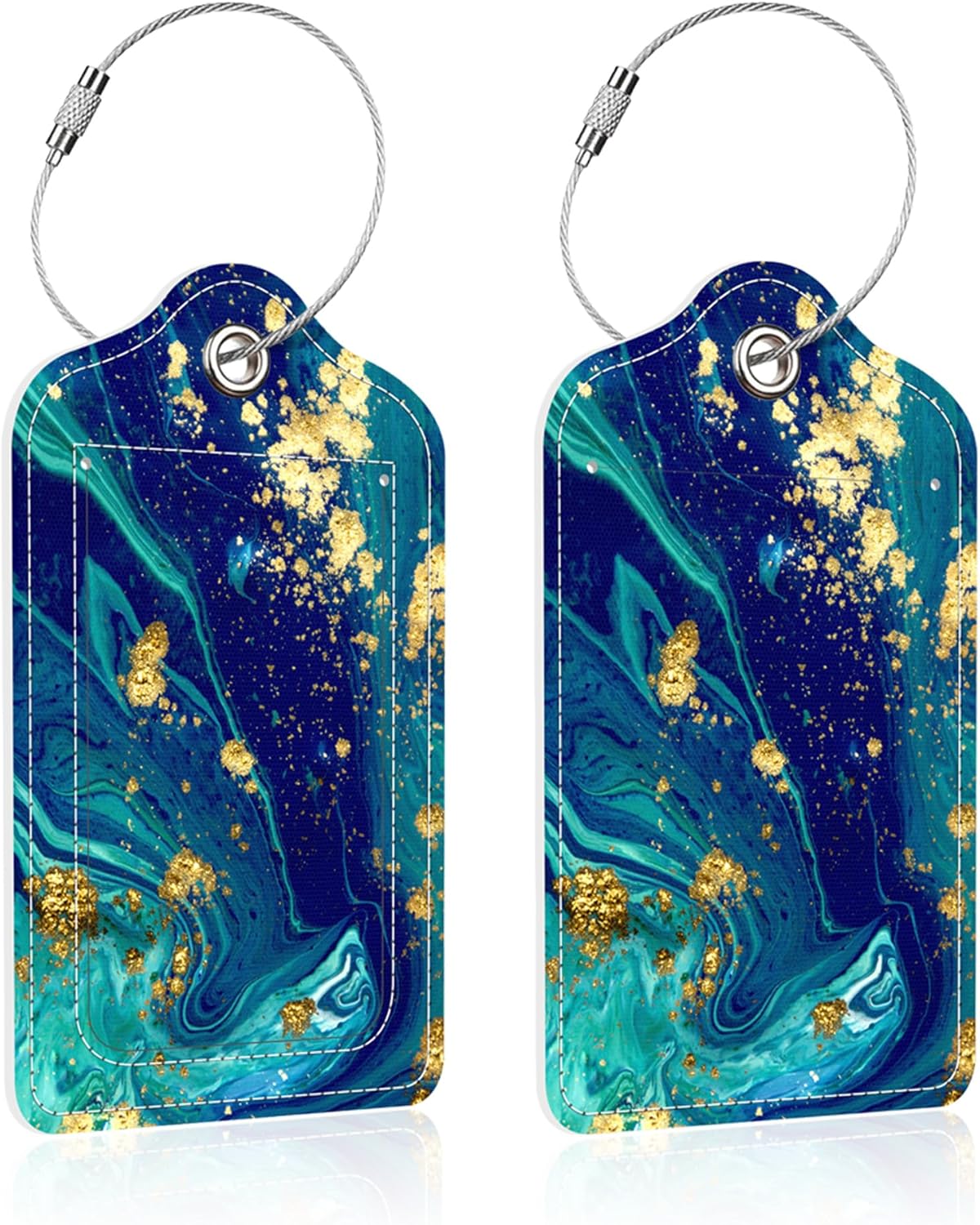 2 Pack Luggage Tag for Suitcase,Blue Marble PU Leather Suitcase Tags Identifiers with Privacy Name Address Labels and Steel Loop for Women Men Travel