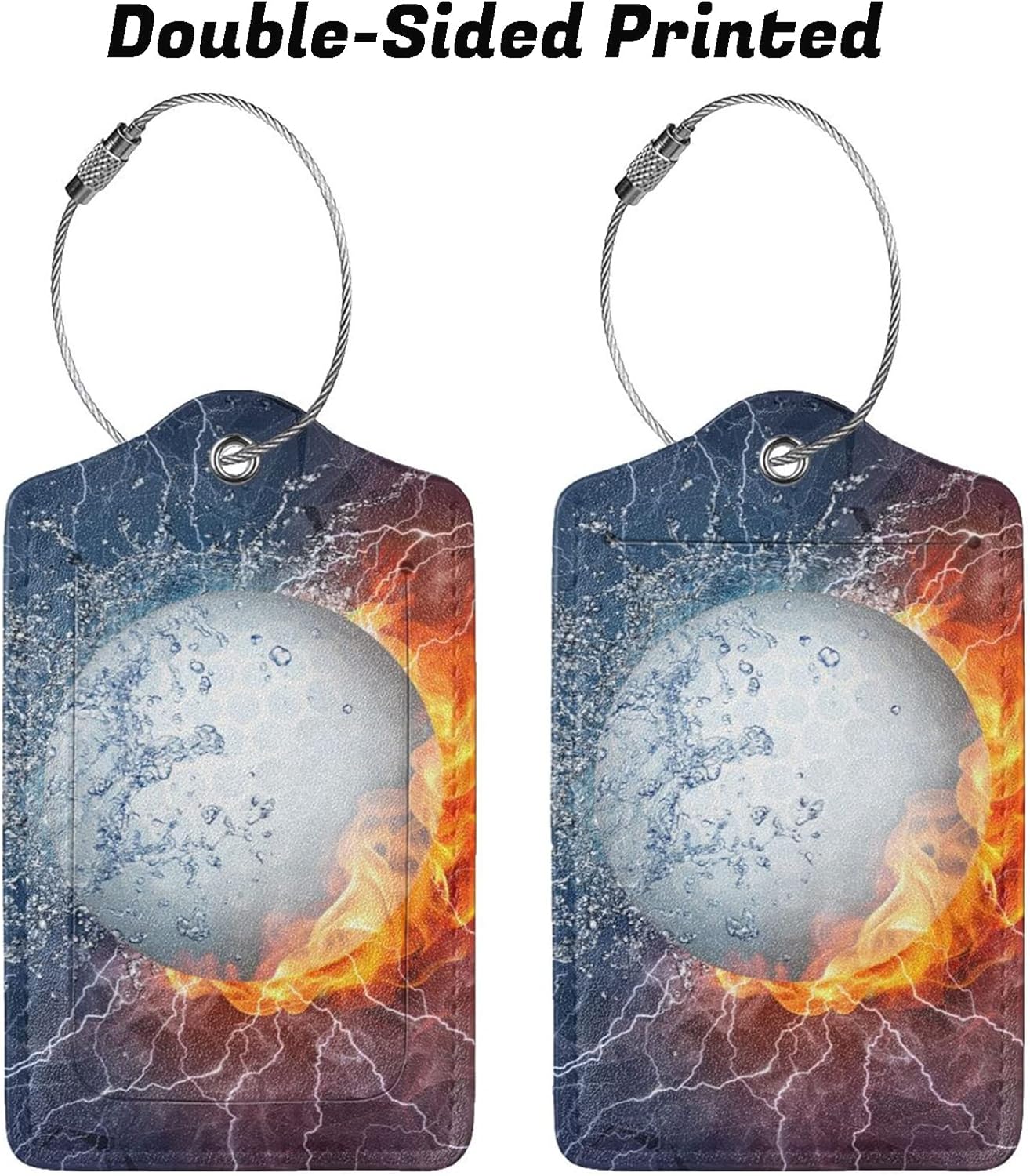 2 Packs Golf Luggage Tags for Men Boys, Sport Luggage Tags for Suitcases, Cool Leather Bag Tag with Water & Fire Background Print for Sport Adults Kids Teens