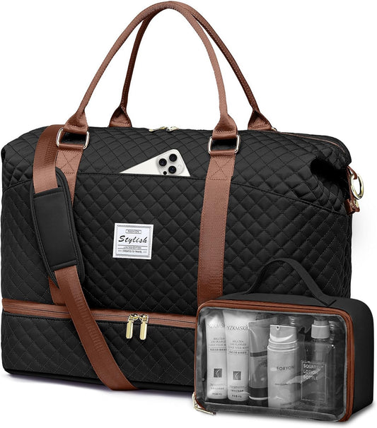 Travel Weekender Bags for Women Duffle - Carry on Overnight Bag with Shoe Compartment & Toiletry Gym Duffel Bags with Wet Pocket Hospital for Labor and Delivery Black Brown