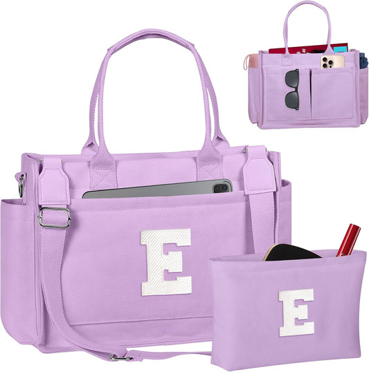 Gifts for Women Teen Girls, Initial Tote Bag with Zipper, Letter Canvas Tote Purse for College Work Laptop Beach