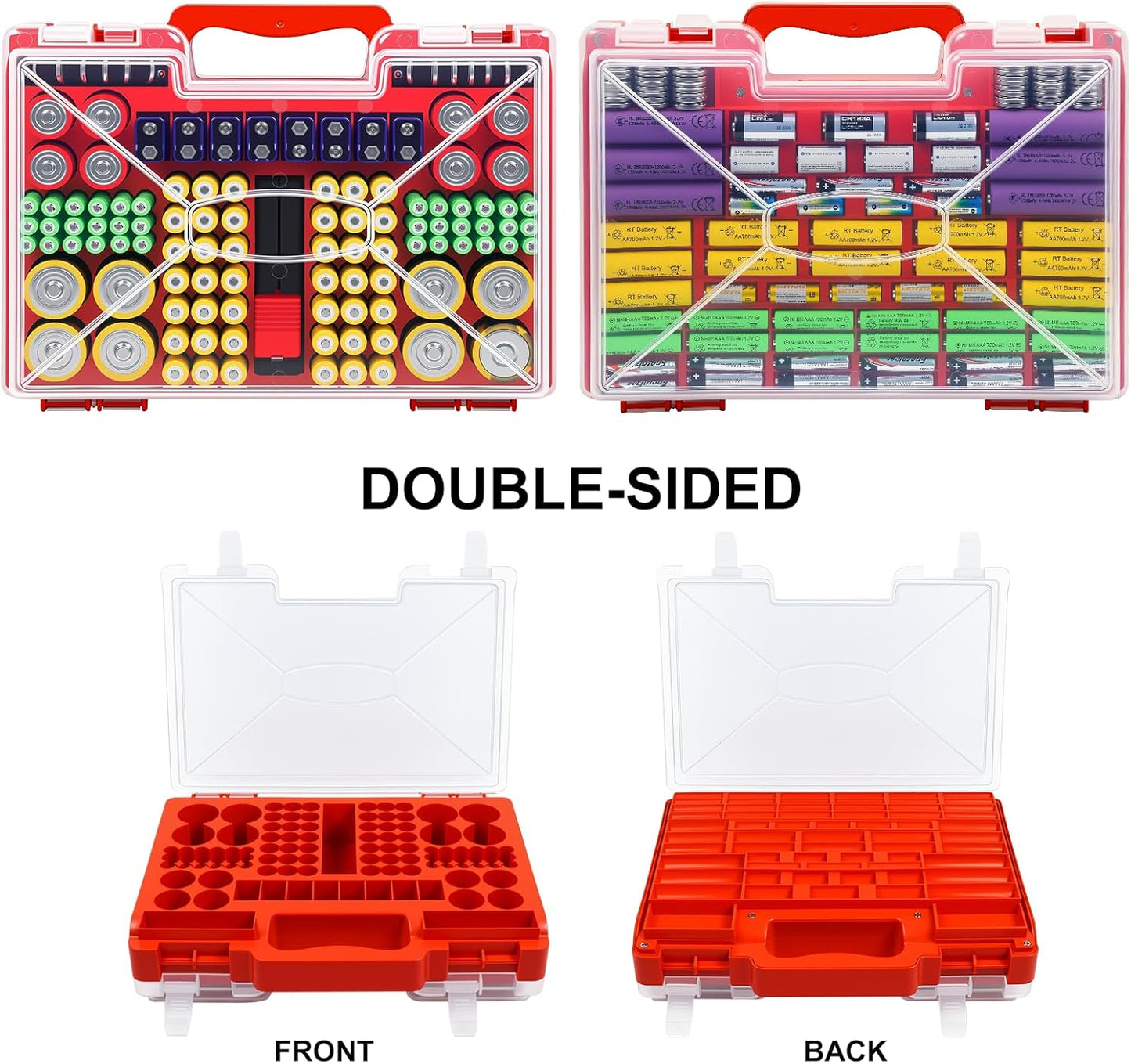 Battery Organizer Storage Case with Tester, Stores 185+ Batteries, Double-Sided with Clear Locking Lid - Red