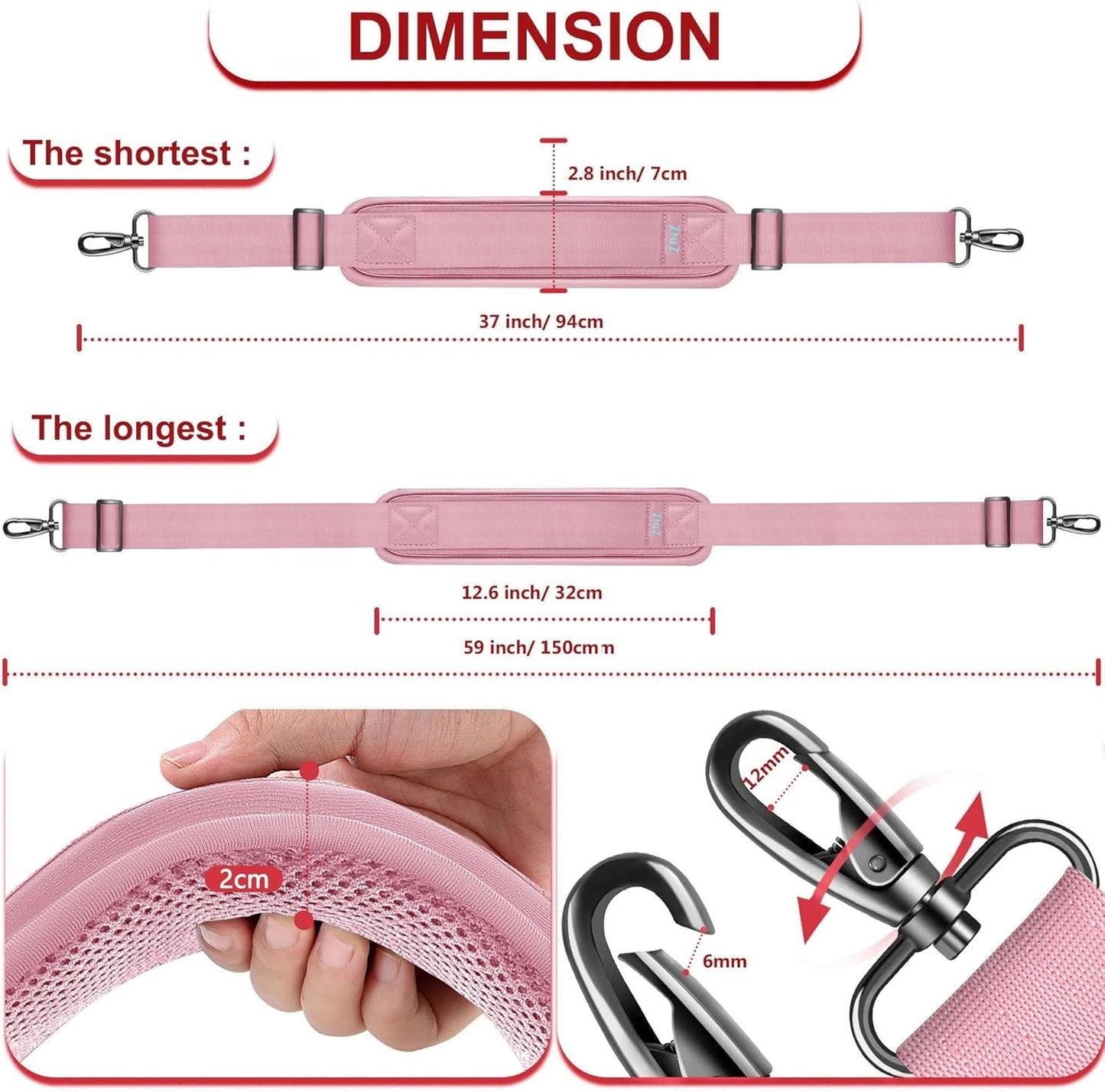ZINZ Shoulder Strap - 59 Inch Universal Heavy-duty Adjustable Strap with Ultra-thick Fixed Breathable Pad for Laptop, Gym, Camera Bag and More -Pink