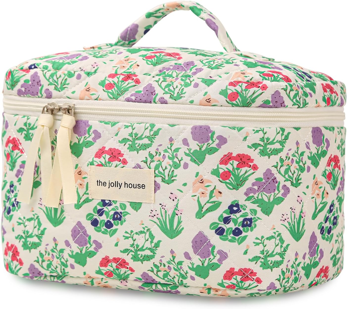 Large Travel Quilted Makeup Bag for Women Girls, Floral Cosmetic Bag, Cute Coquette Aesthetic Flowers Toiletry Organizer Bag Purple Flower