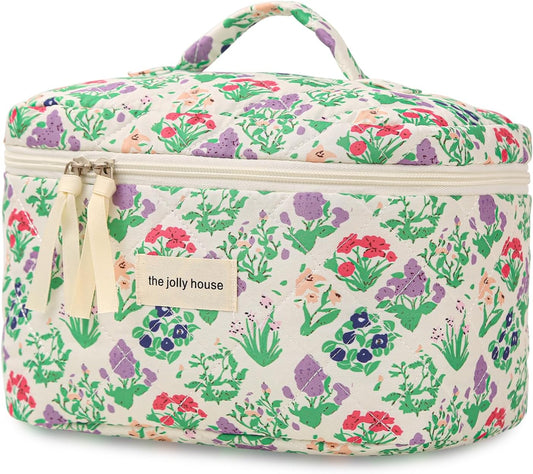 Large Travel Quilted Makeup Bag for Women Girls, Floral Cosmetic Bag, Cute Coquette Aesthetic Flowers Toiletry Organizer Bag Purple Flower