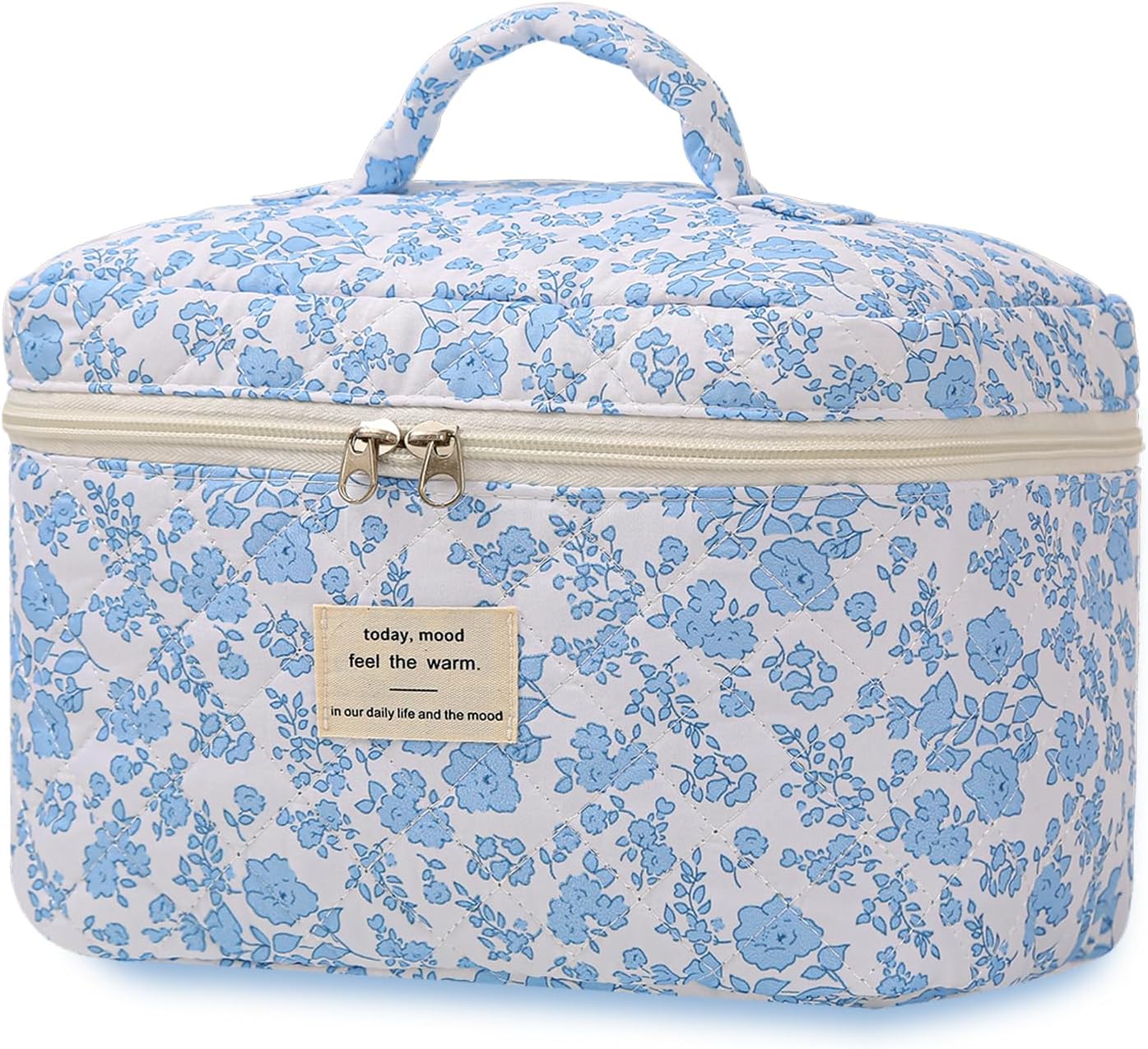 Large Travel Quilted Makeup Bag for Women Girls, Floral Cosmetic Bag, Cute Coquette Aesthetic Flowers Toiletry Organizer Bag Blue Flower